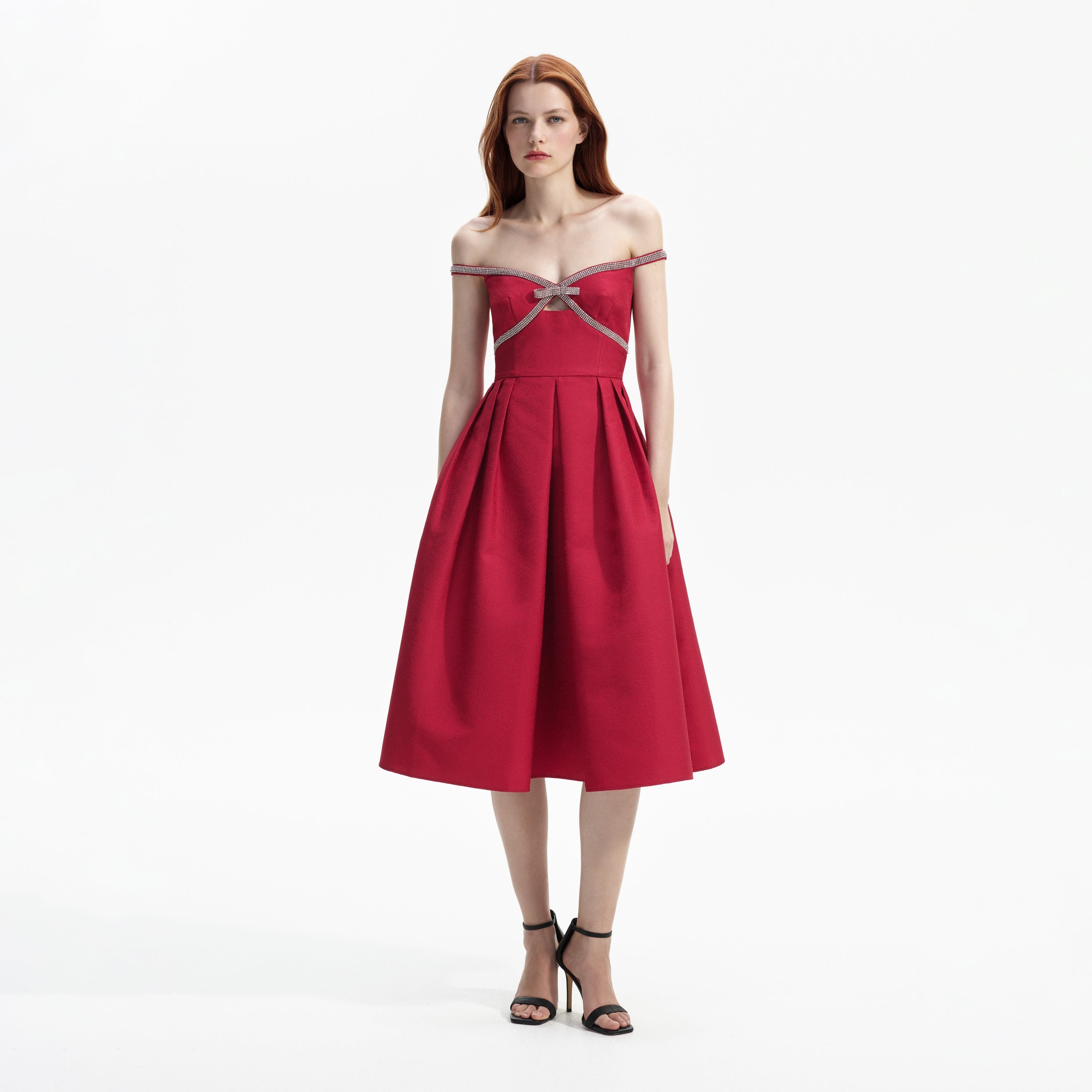 Red Textured Diamante Midi Dress - 1