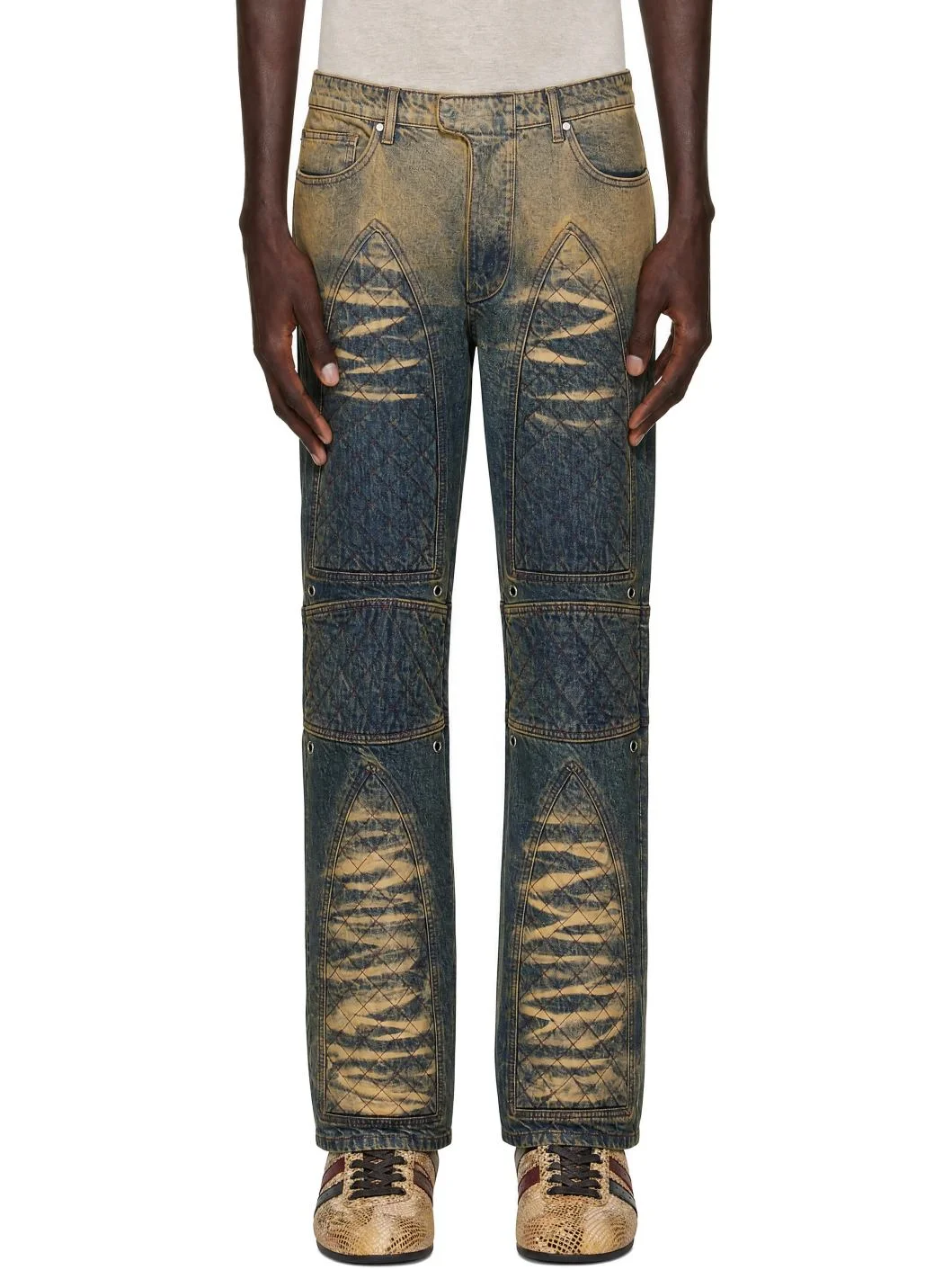 Blue & Beige Moto Quilted Jeans - 1