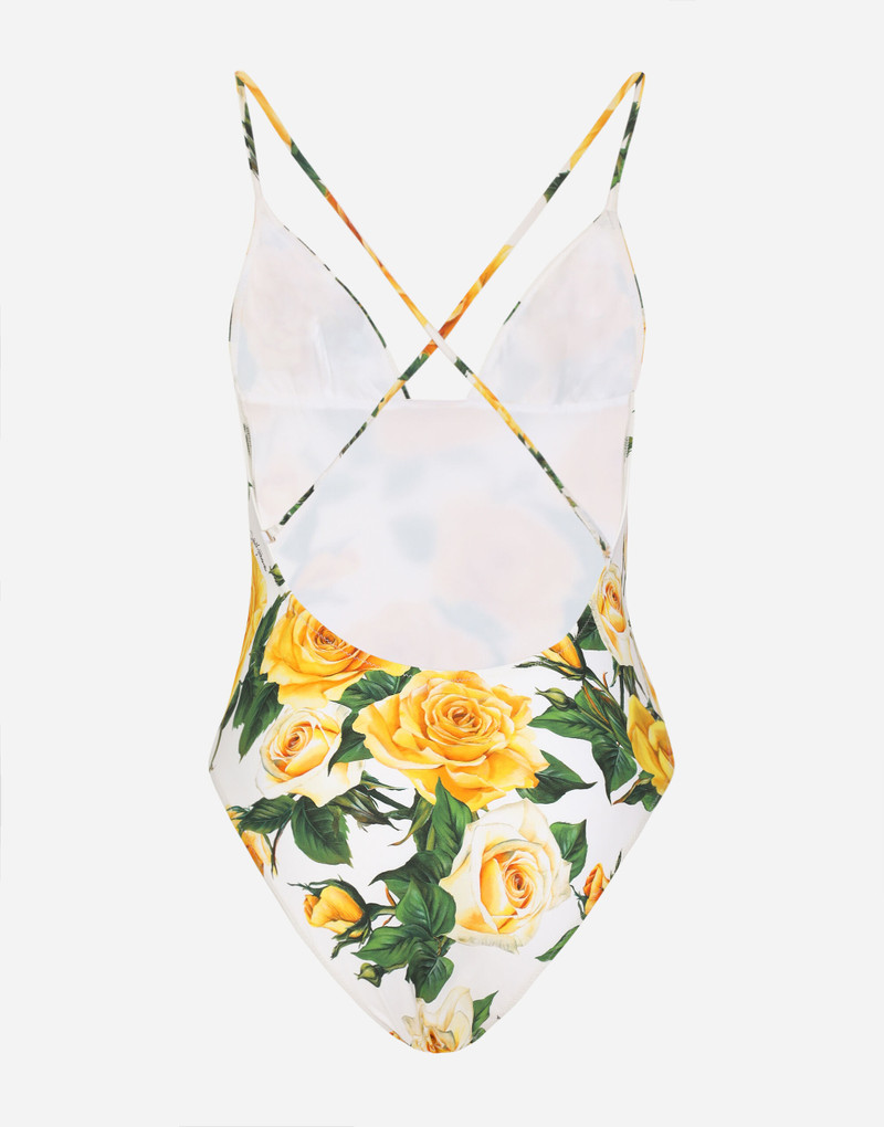 Dolce & Gabbana One-piece swimsuit with plunging neckline and yellow rose print outlook