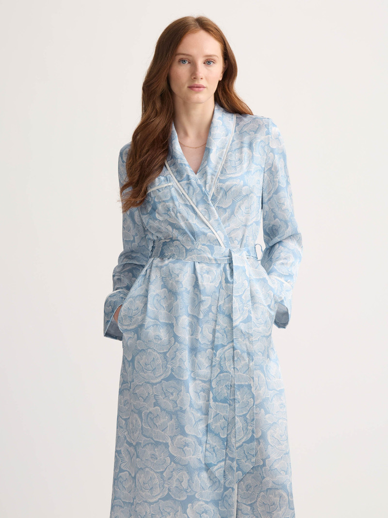 Women's Long Silk Robe Light Blue & White Rose Print 3