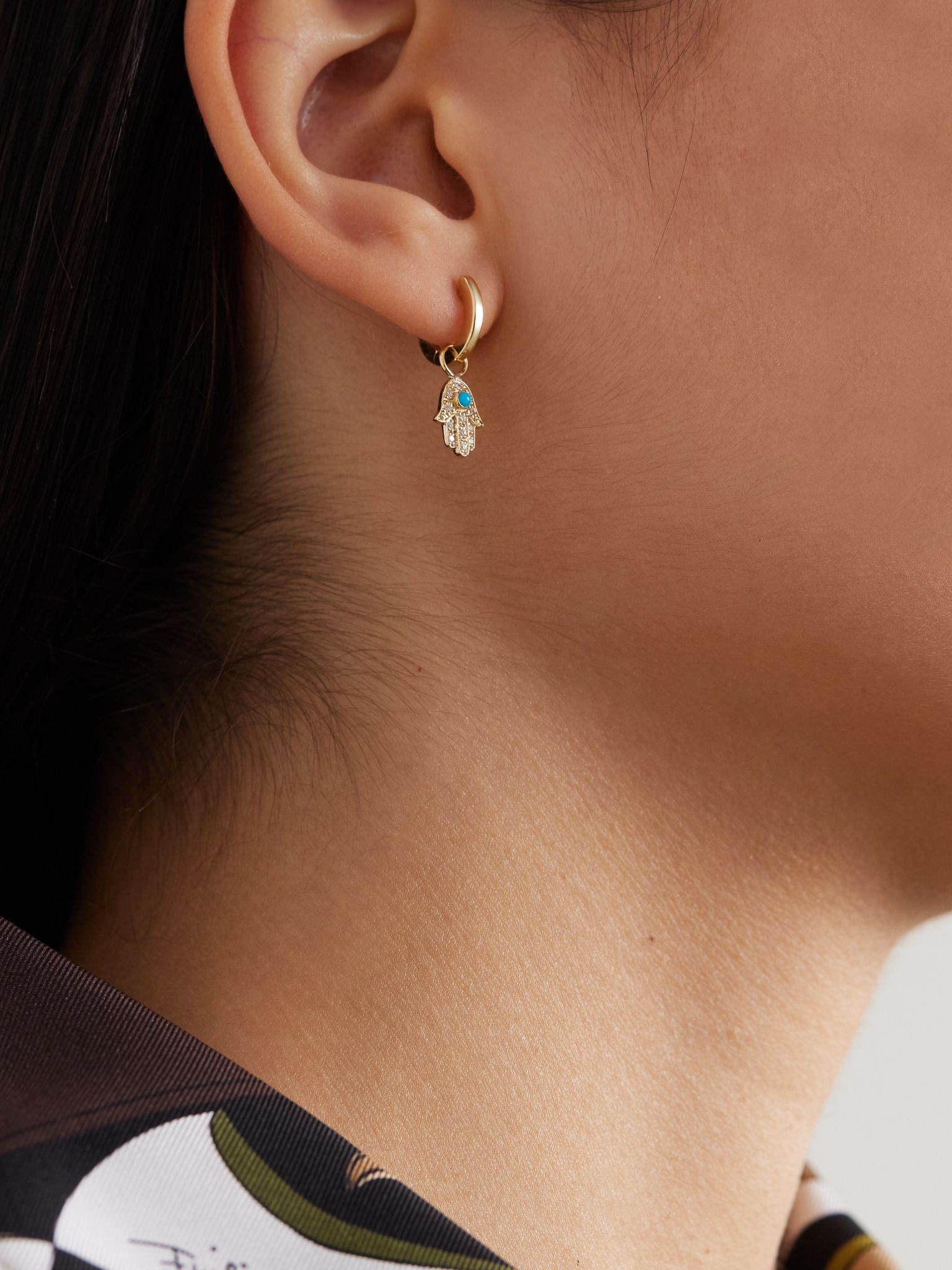 Small Hamsa 14-karat gold, diamond and turquoise earrings Gold - 2