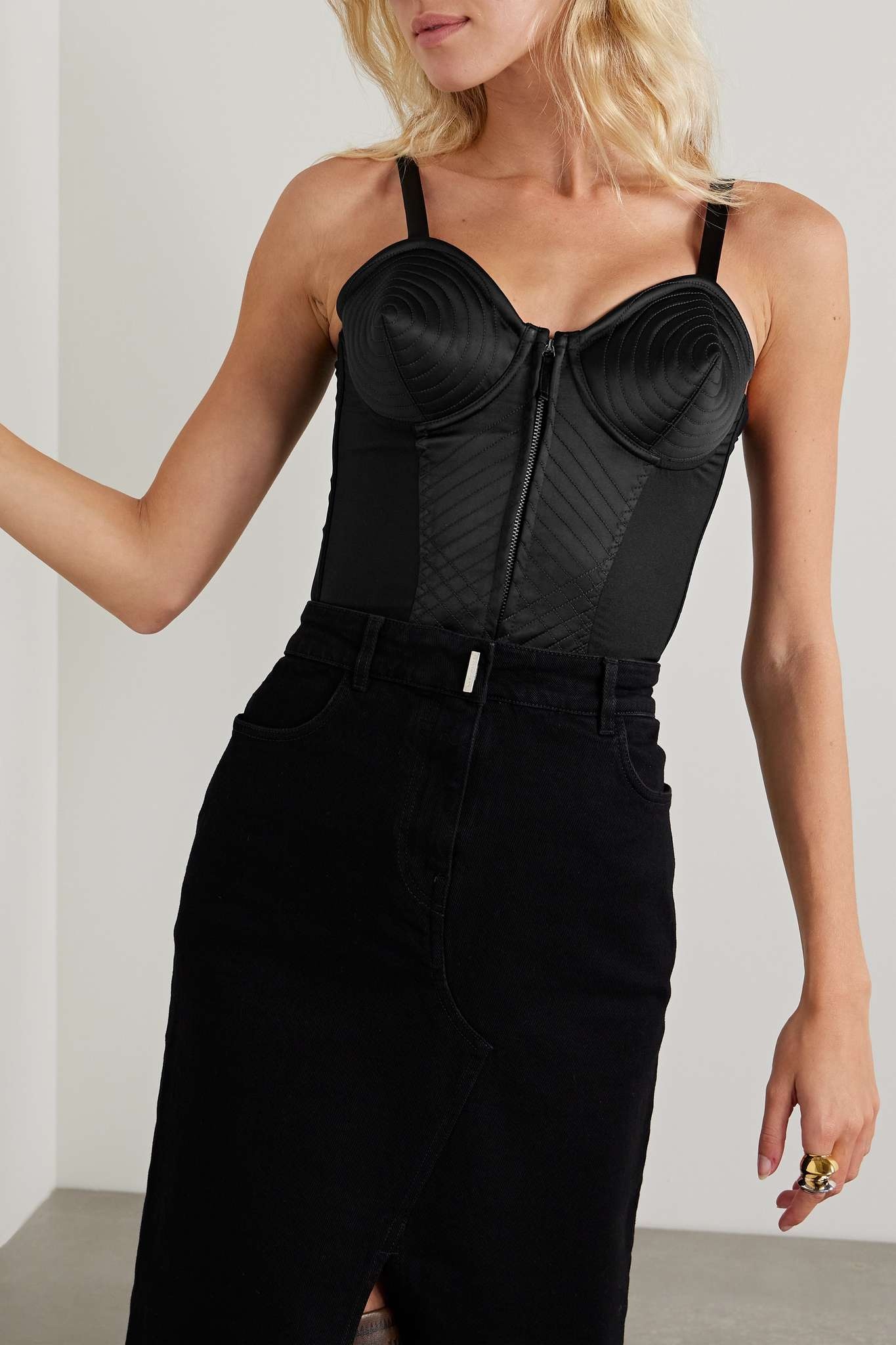 Crepe-trimmed quilted satin thong bodysuit - 3