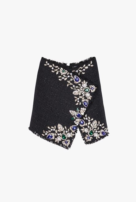 Short black cotton skirt with multicolor jewel embroidery - 1