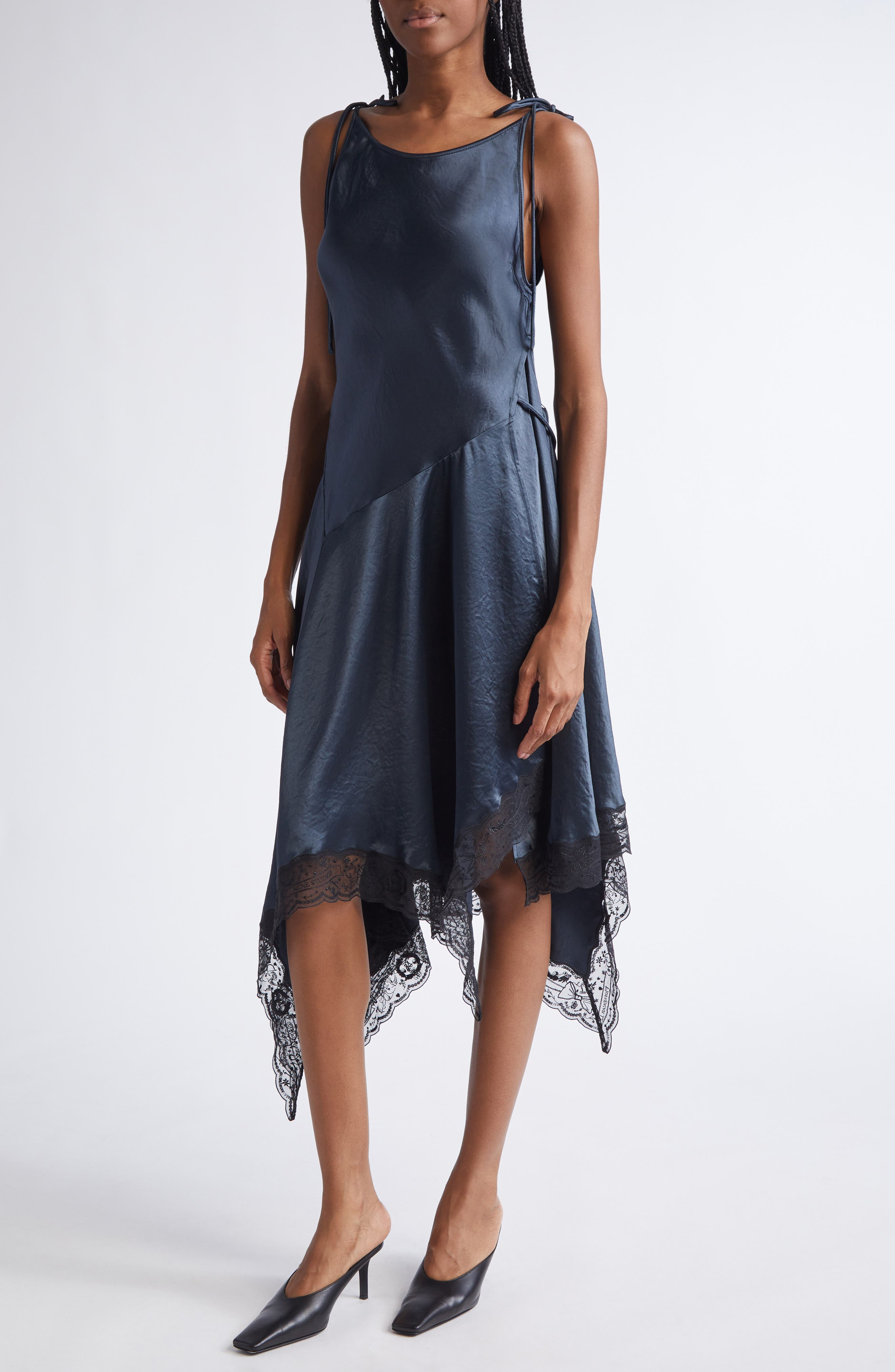 Acne Studios Doyla Lace Trim Crinkled Satin Asymmetric Dress in Petrol Blue at Nordstrom - 4