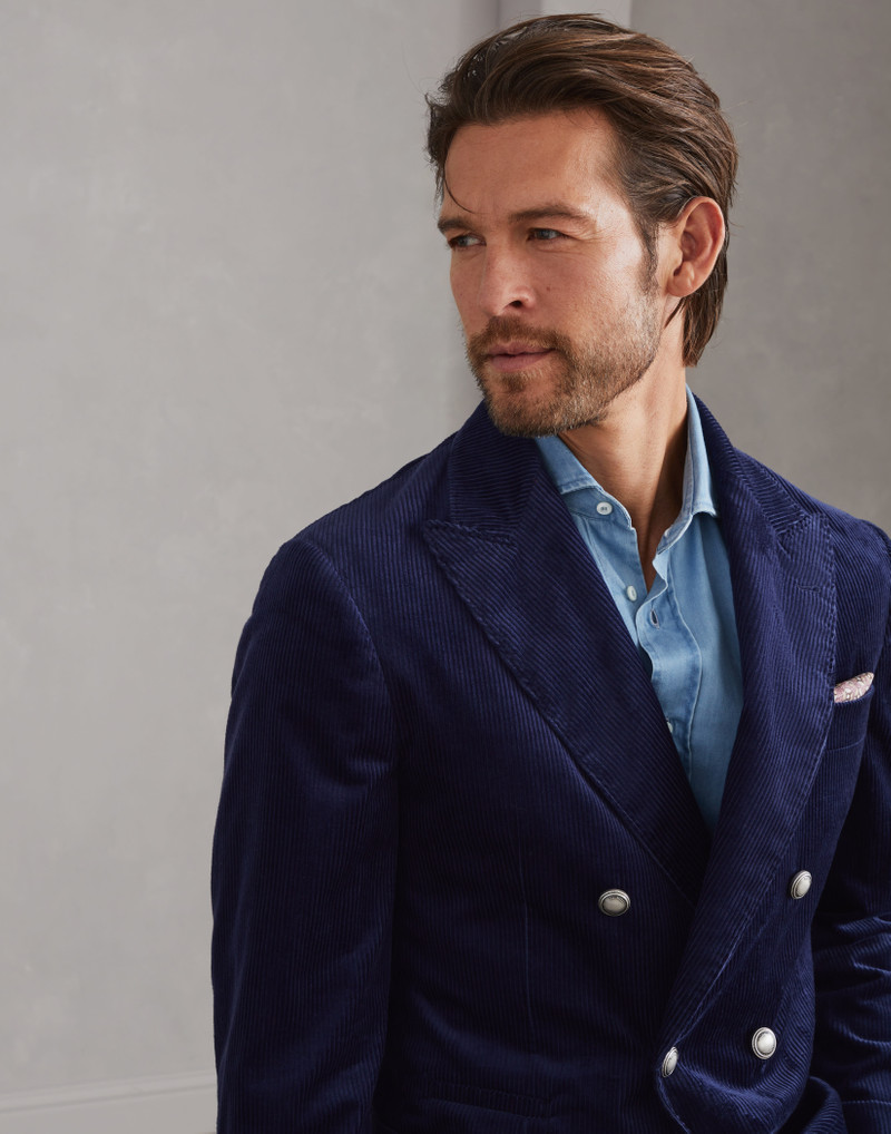 Sea Island cotton corduroy one-and-a-half breasted deconstructed blazer with patch pockets and metal 3