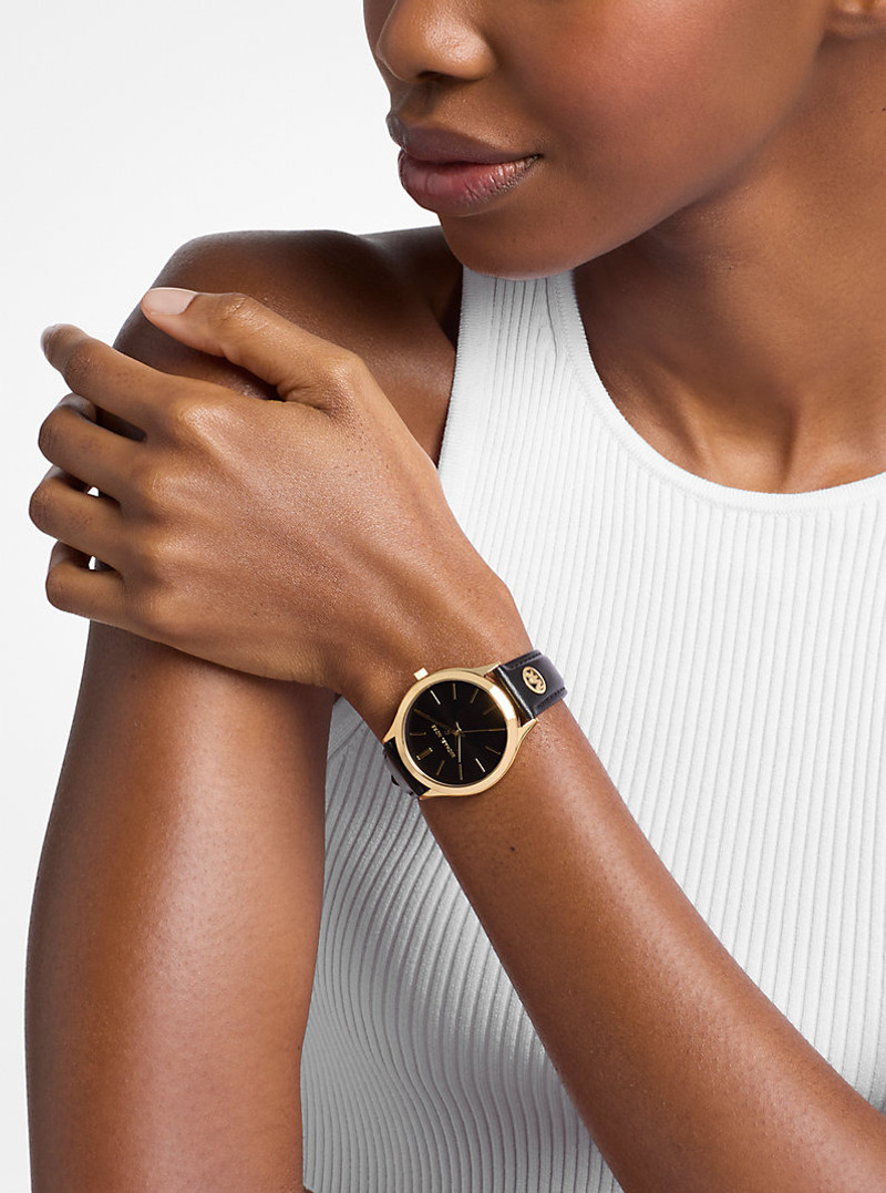Slim Runway Gold-Tone and Leather Watch 4