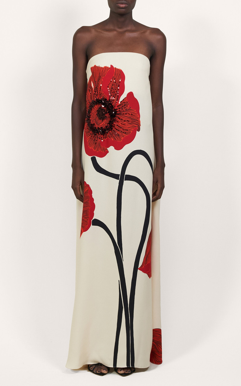 Red Petals Strapless Silk Maxi Dress ivory 4