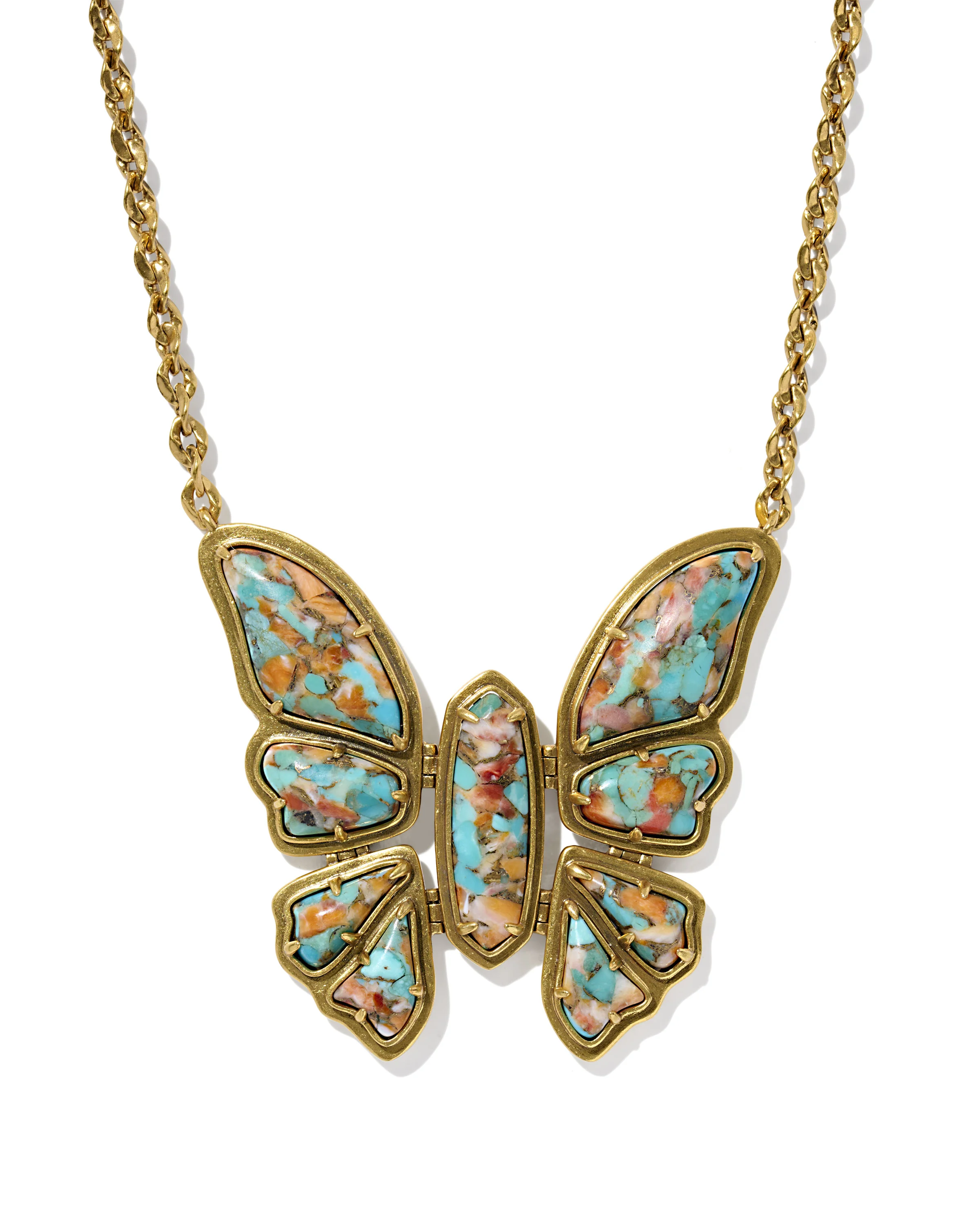 Ember Vintage Gold Butterfly Statement Necklace in Bronze Veined Turquoise Magnesite Red Oyster - 1