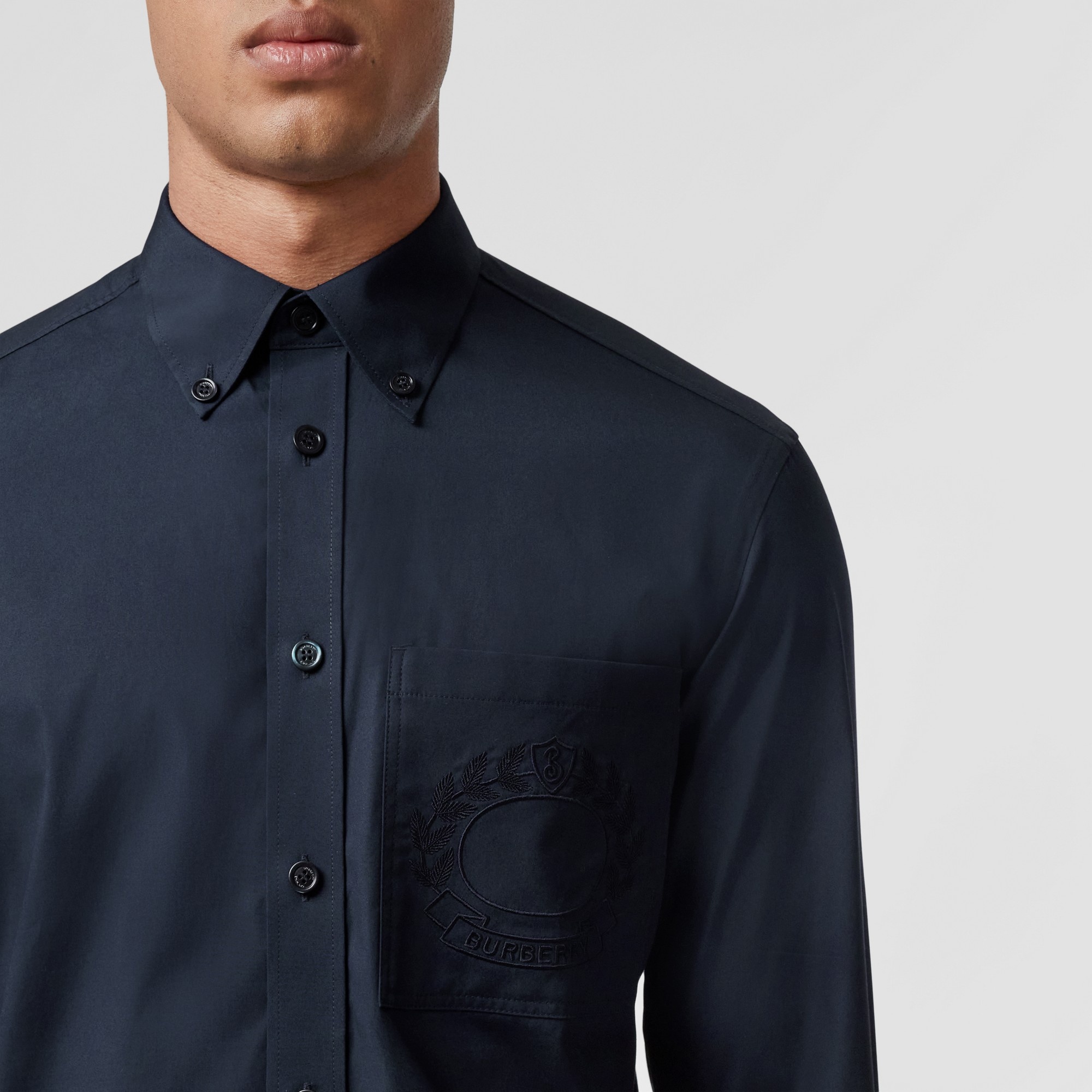 Embroidered Oak Leaf Crest Stretch Cotton Shirt - 2