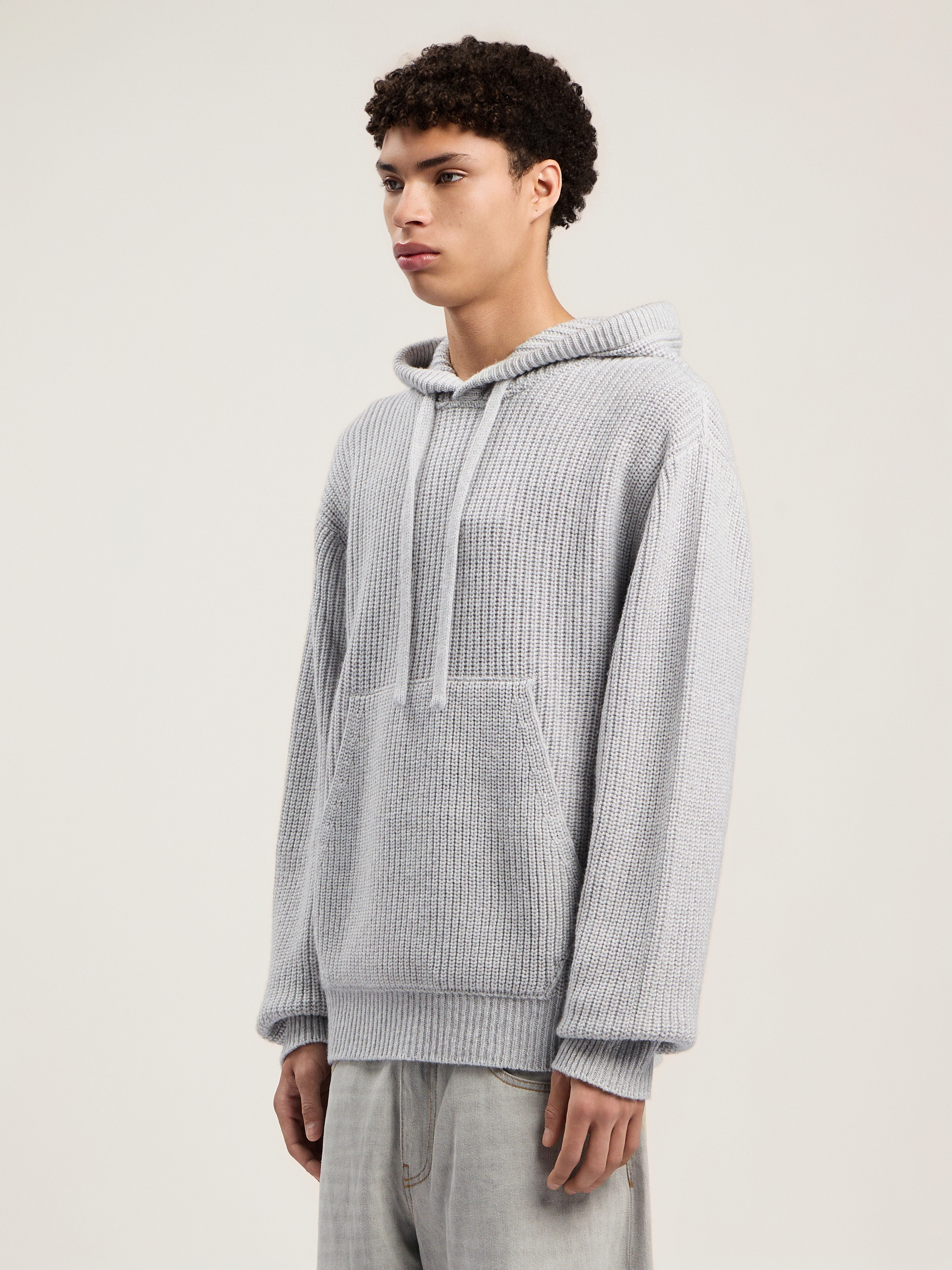 Curved Logo Rib Knit Hoodie - 3