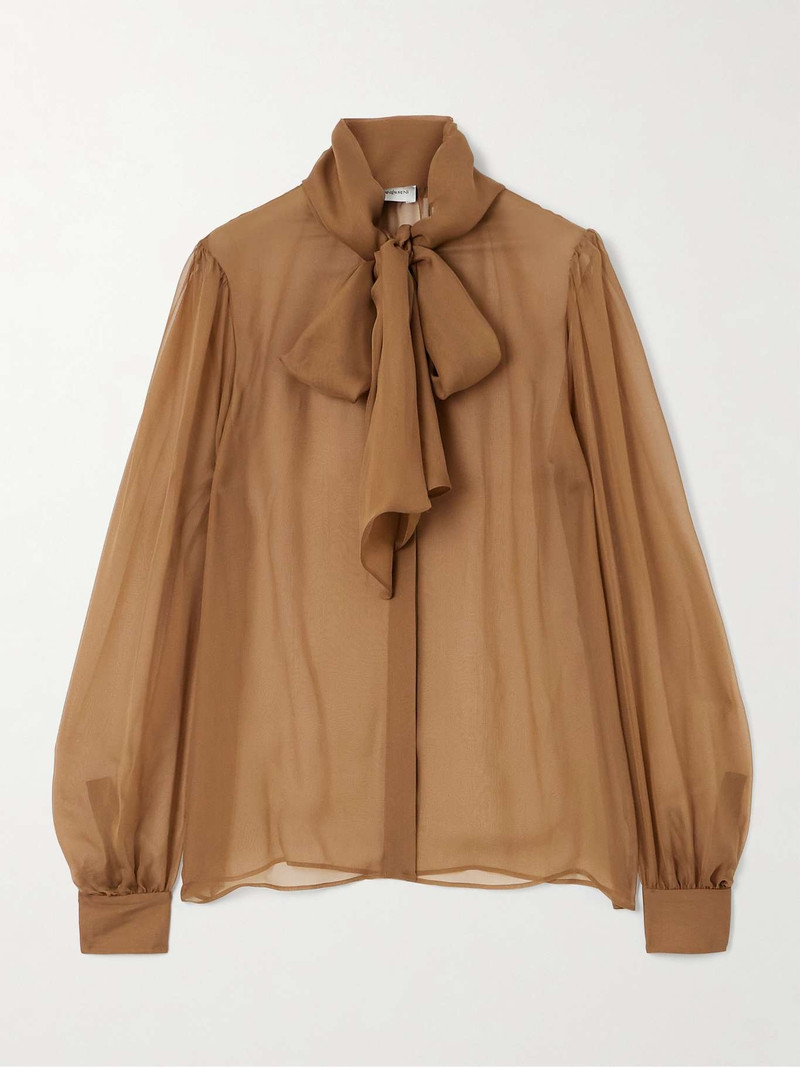 Pussy-bow silk-chiffon blouse Camel - 1