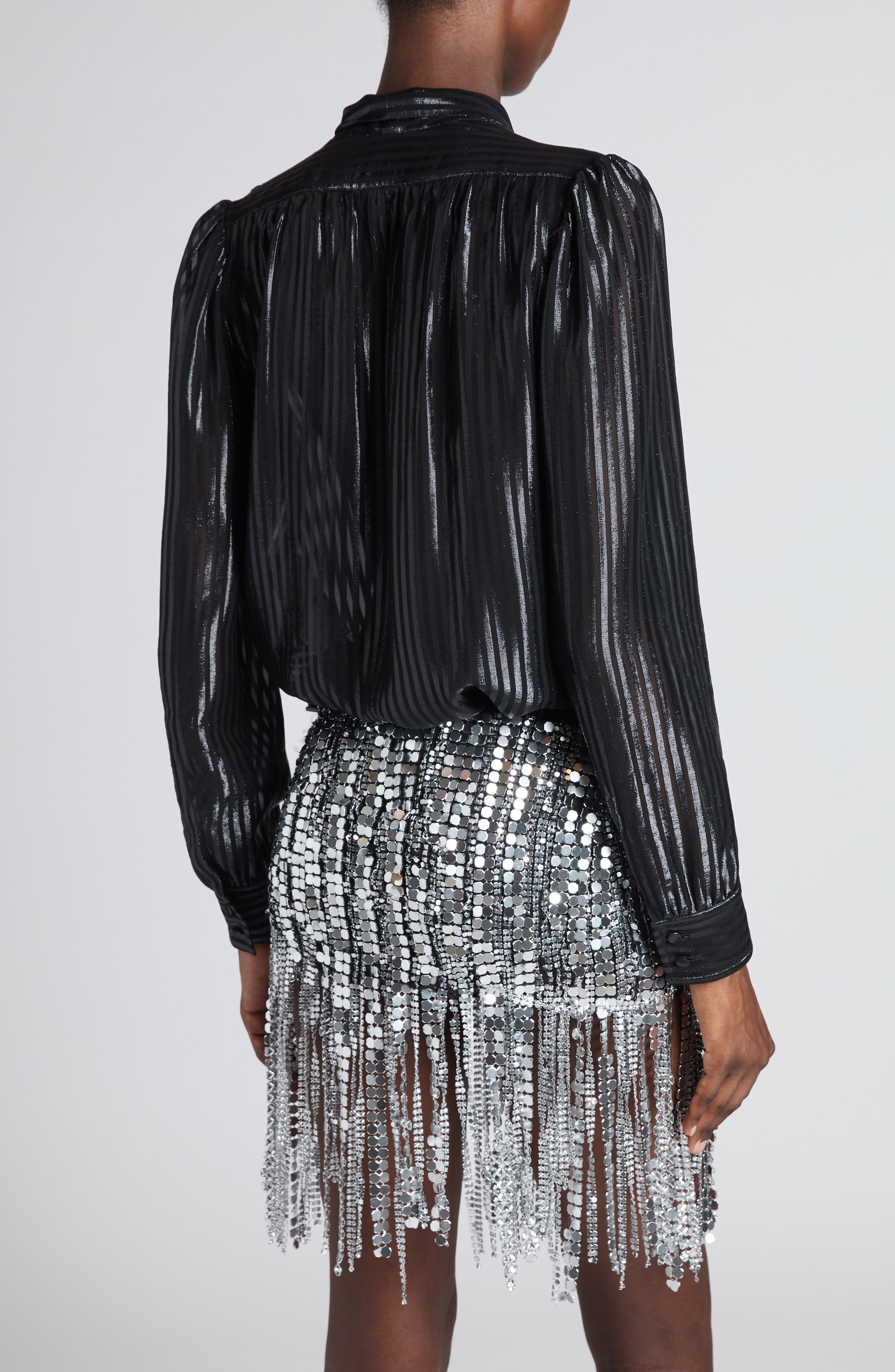 TOM FORD Stripe Tie Neck Silk Blend Top in Black at Nordstrom - 3