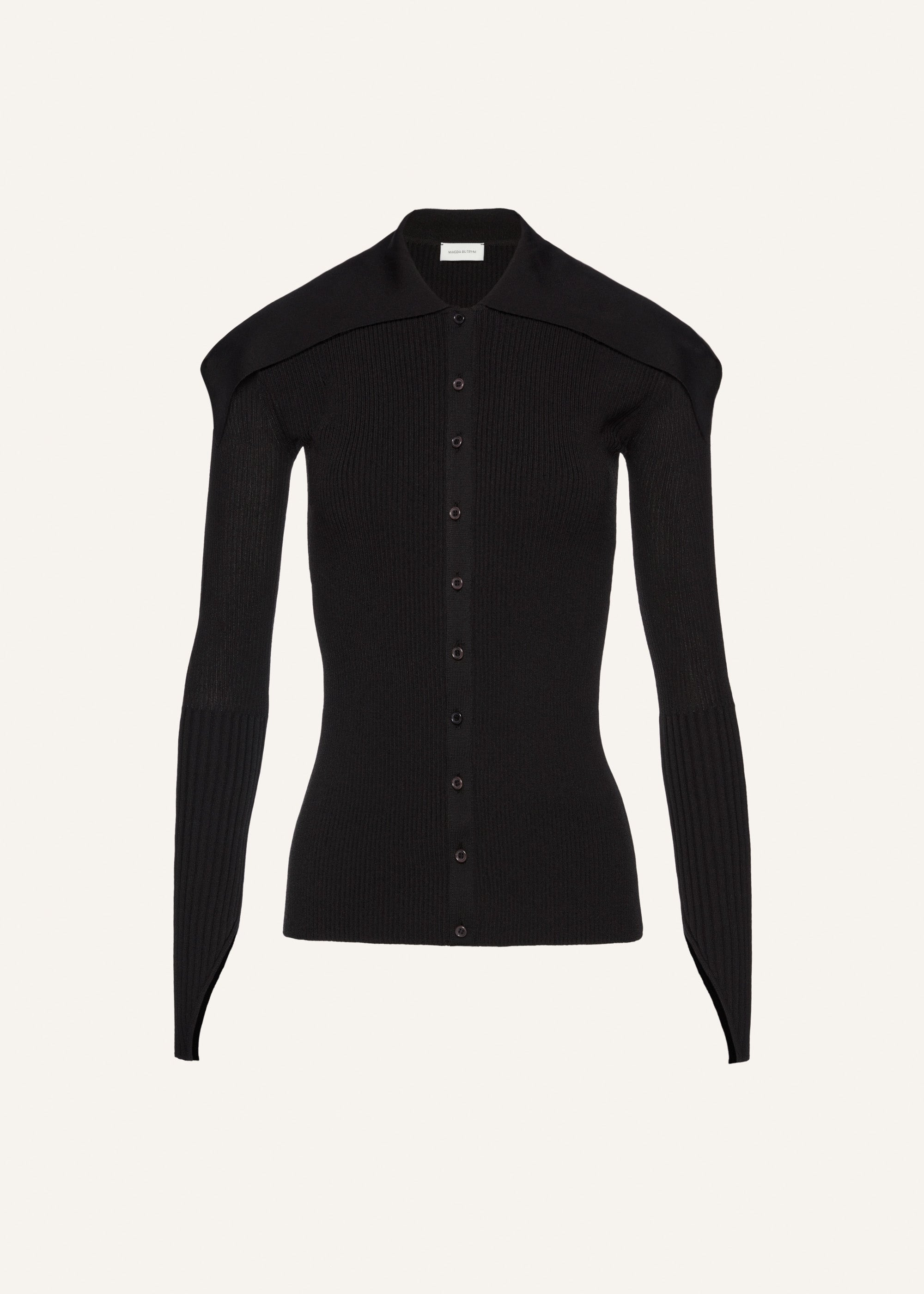 Ribbed cardigan with tie-collar in black - 1