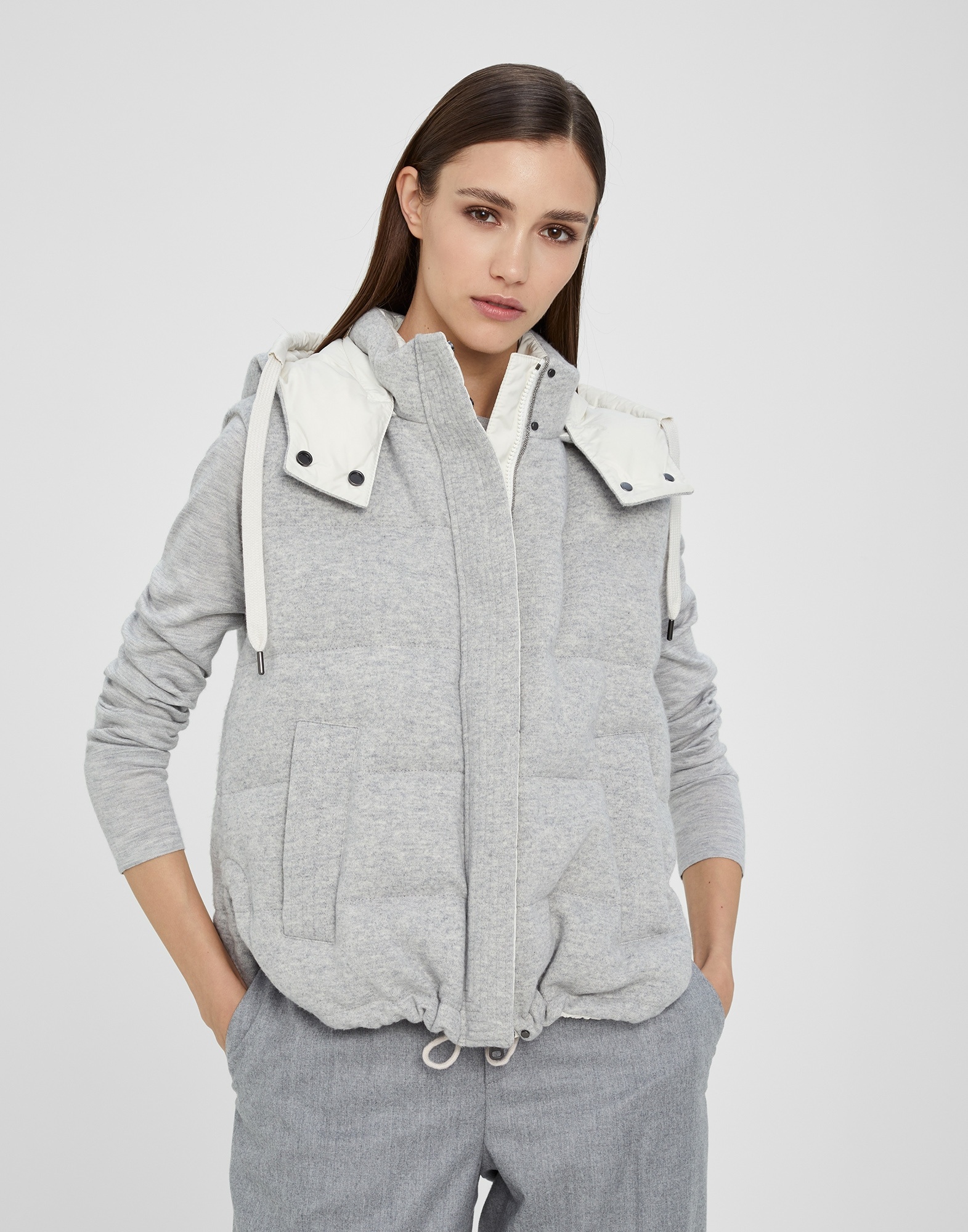 Cashmere knit reversible down vest with hood and shiny trim - 1