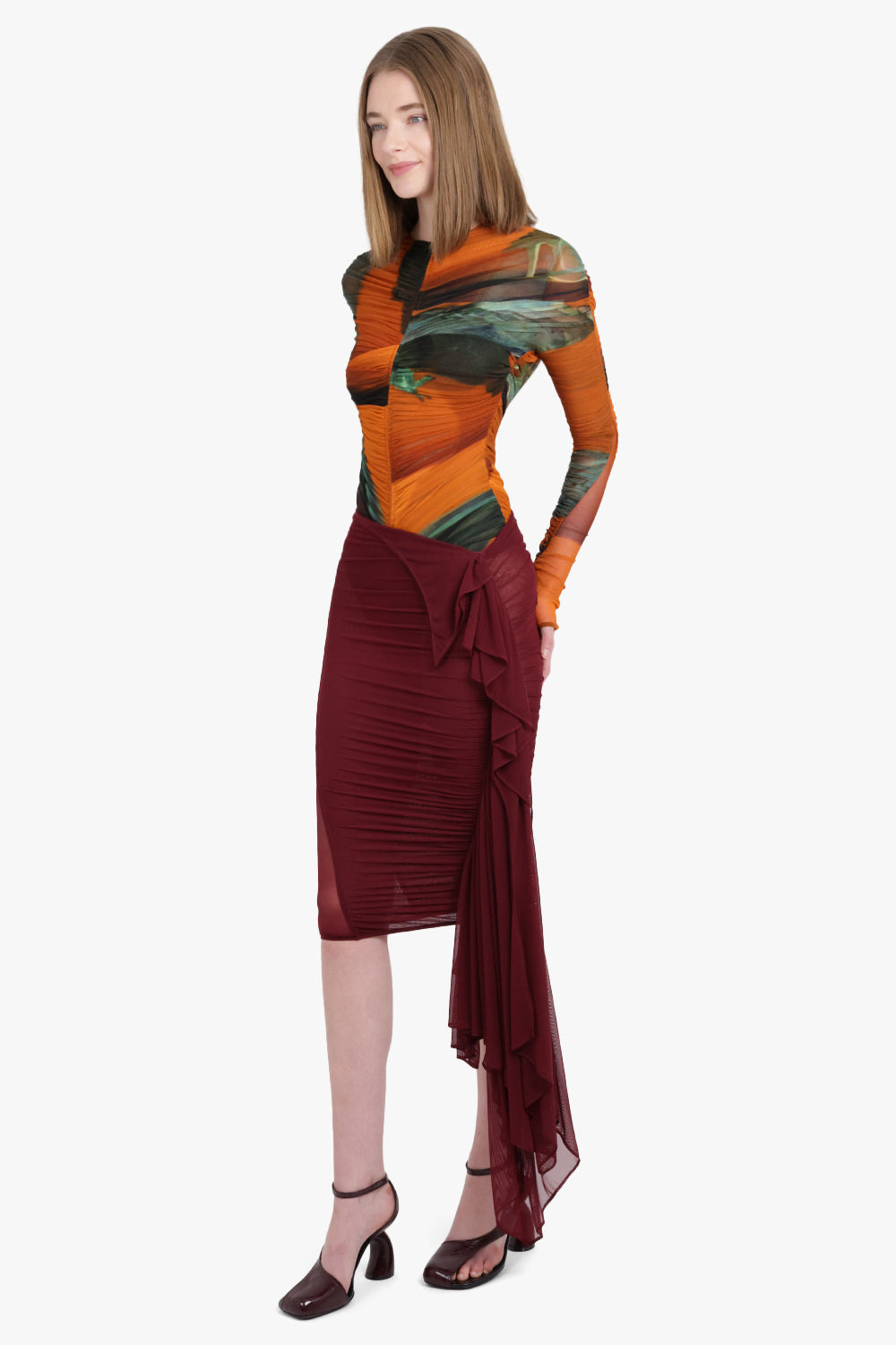 MESH ASYMMETRIC MIDI SKIRT | VAMPIRE RED - 2