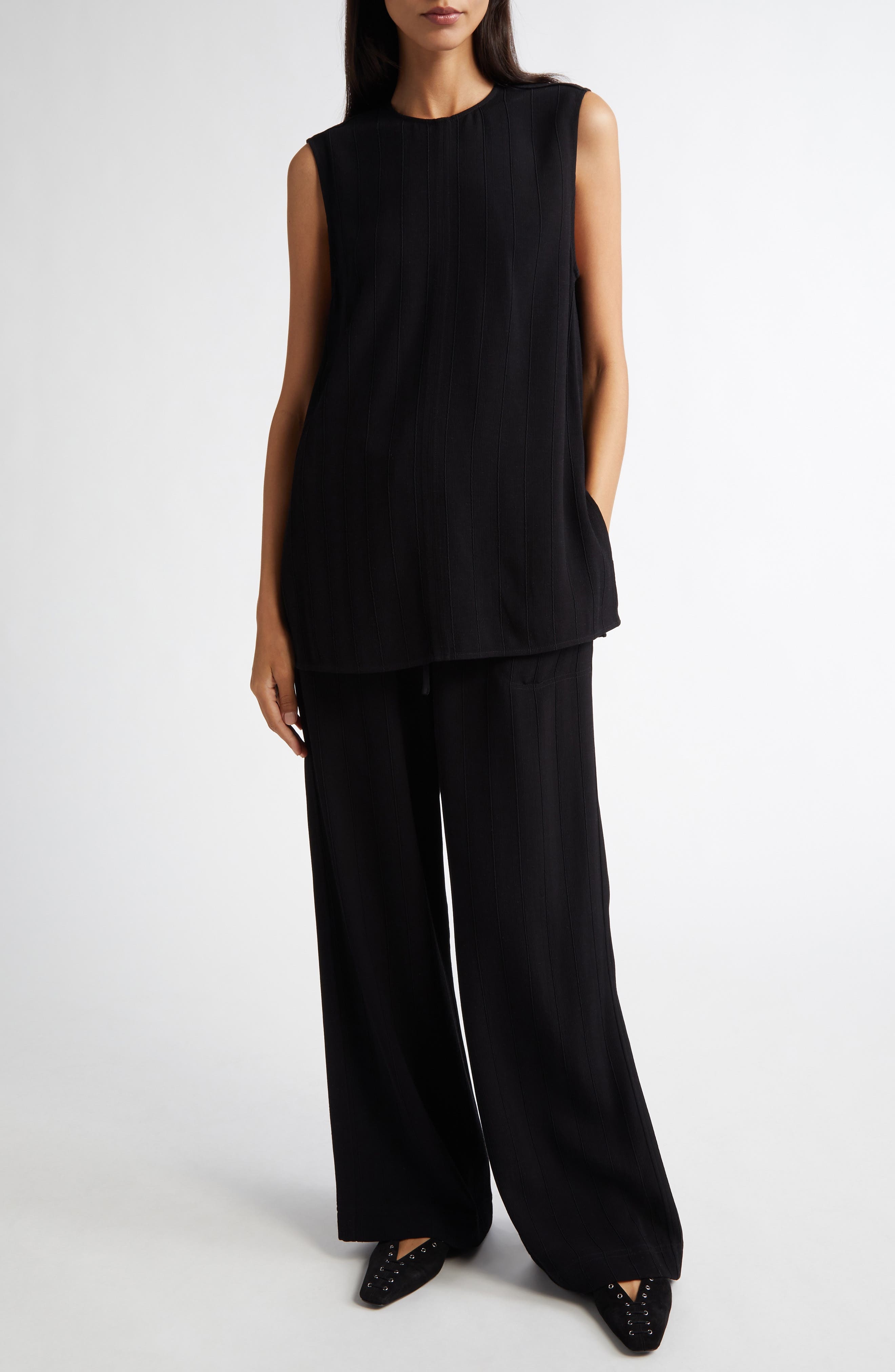 TOTEME Textured Stripe Sleeveless Top in Black at Nordstrom - 2