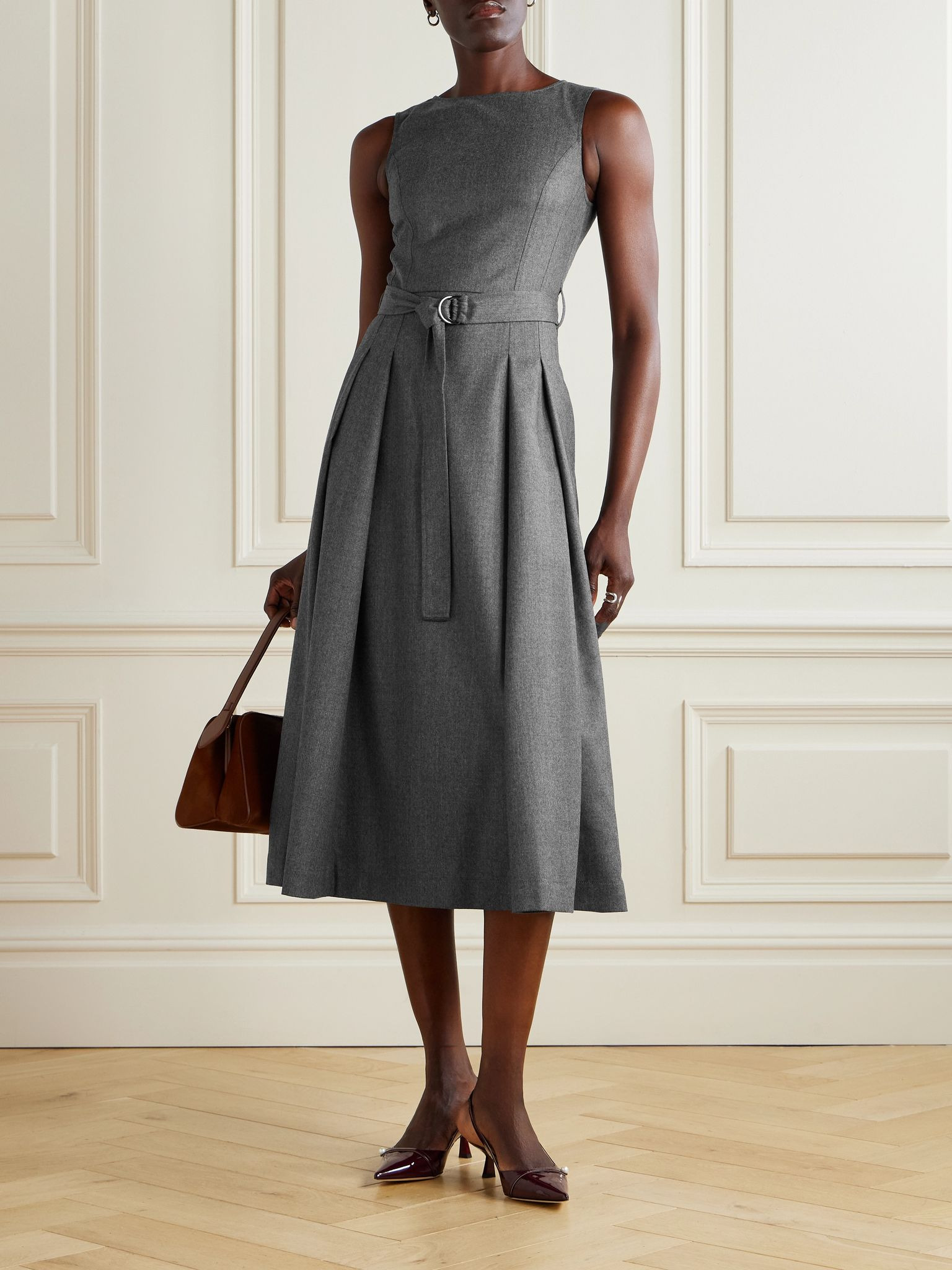 Belted pleated wool midi dress Gray - 2