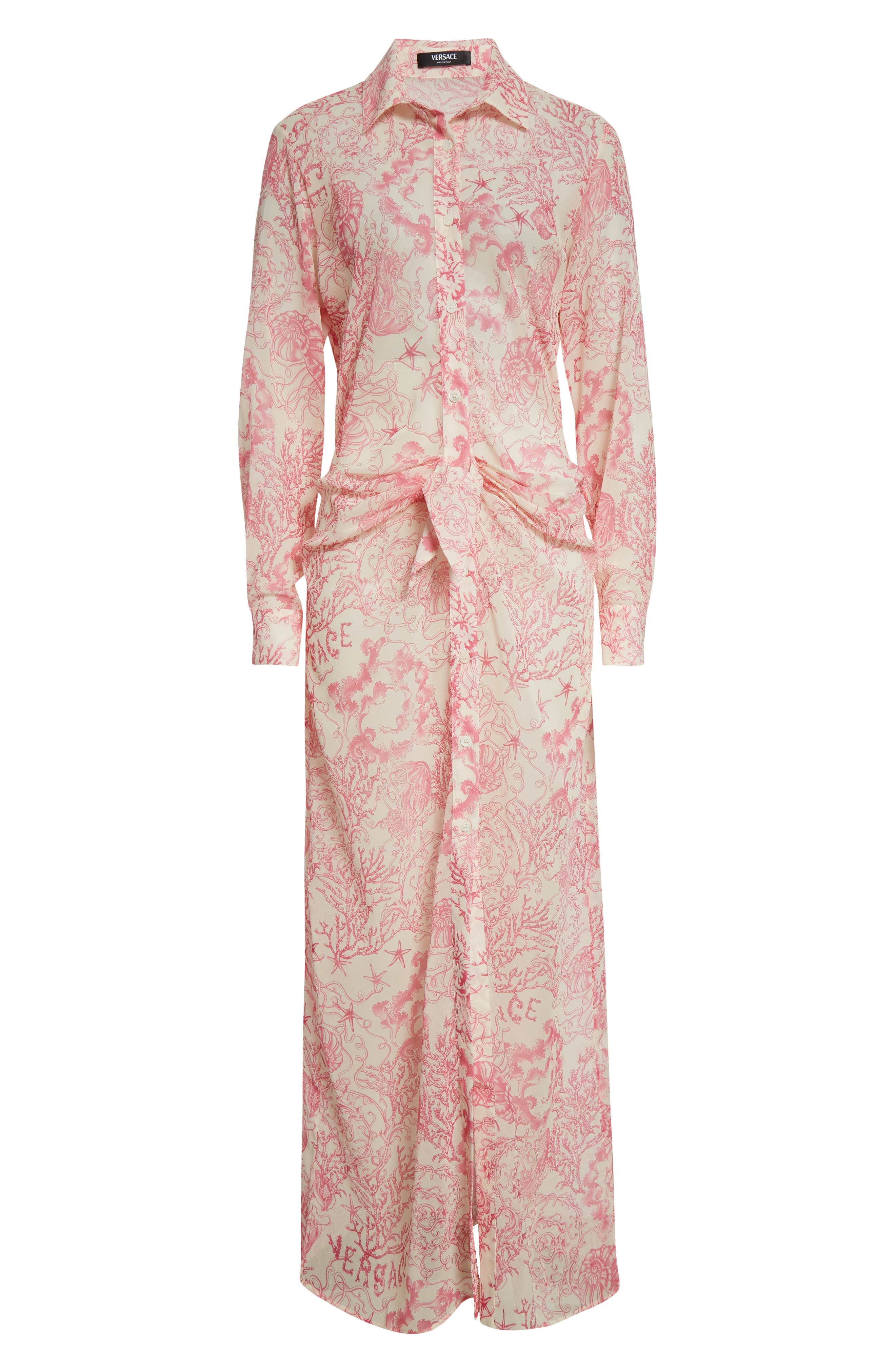 Versace Underwater Barocco Long Sleeve Cover-Up Shirtdress in Eggshell/Dragonfruit at Nordstrom - 5