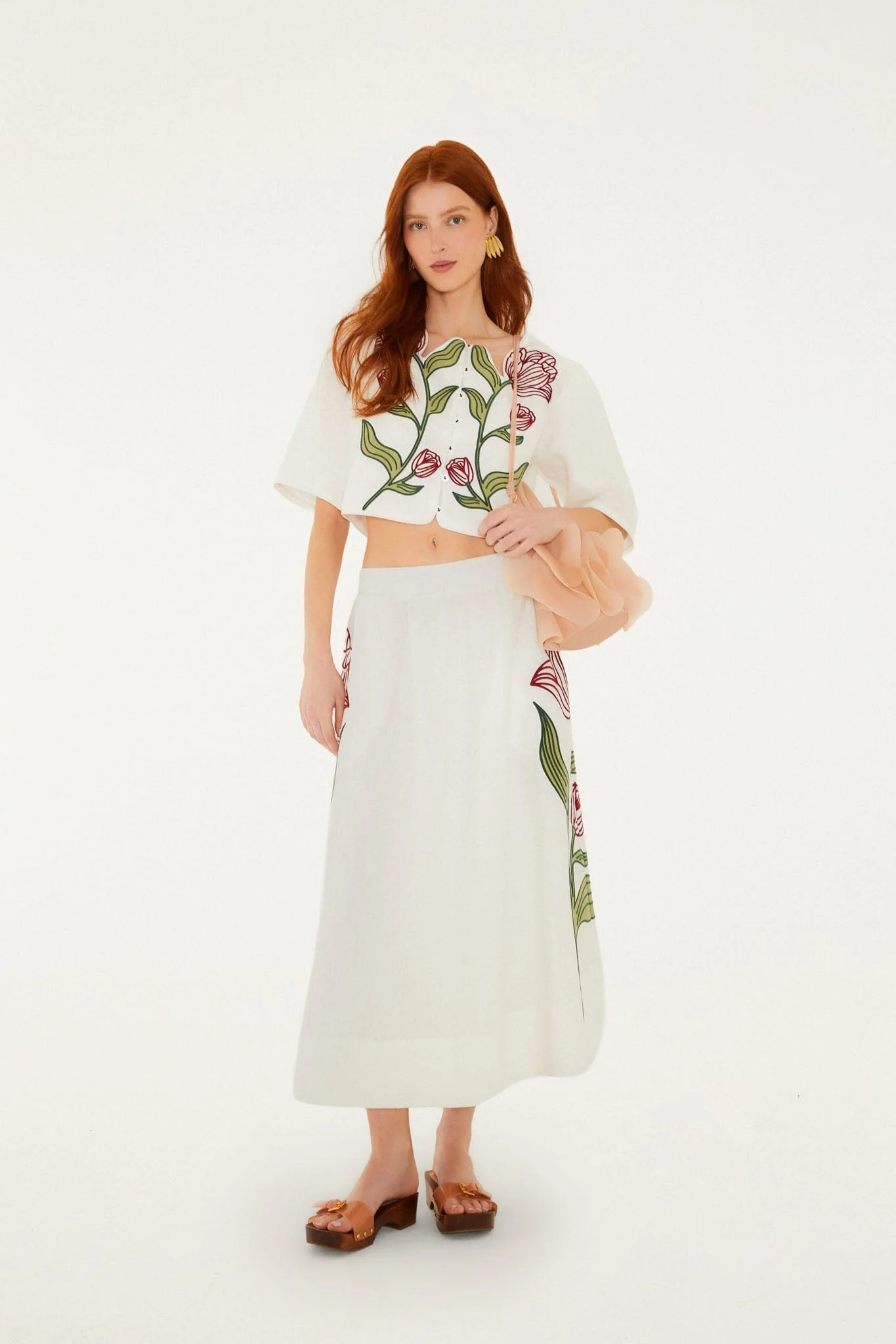 Off-White Flower Embroidered Euroflax Premium Linen Midi Skirt - 1