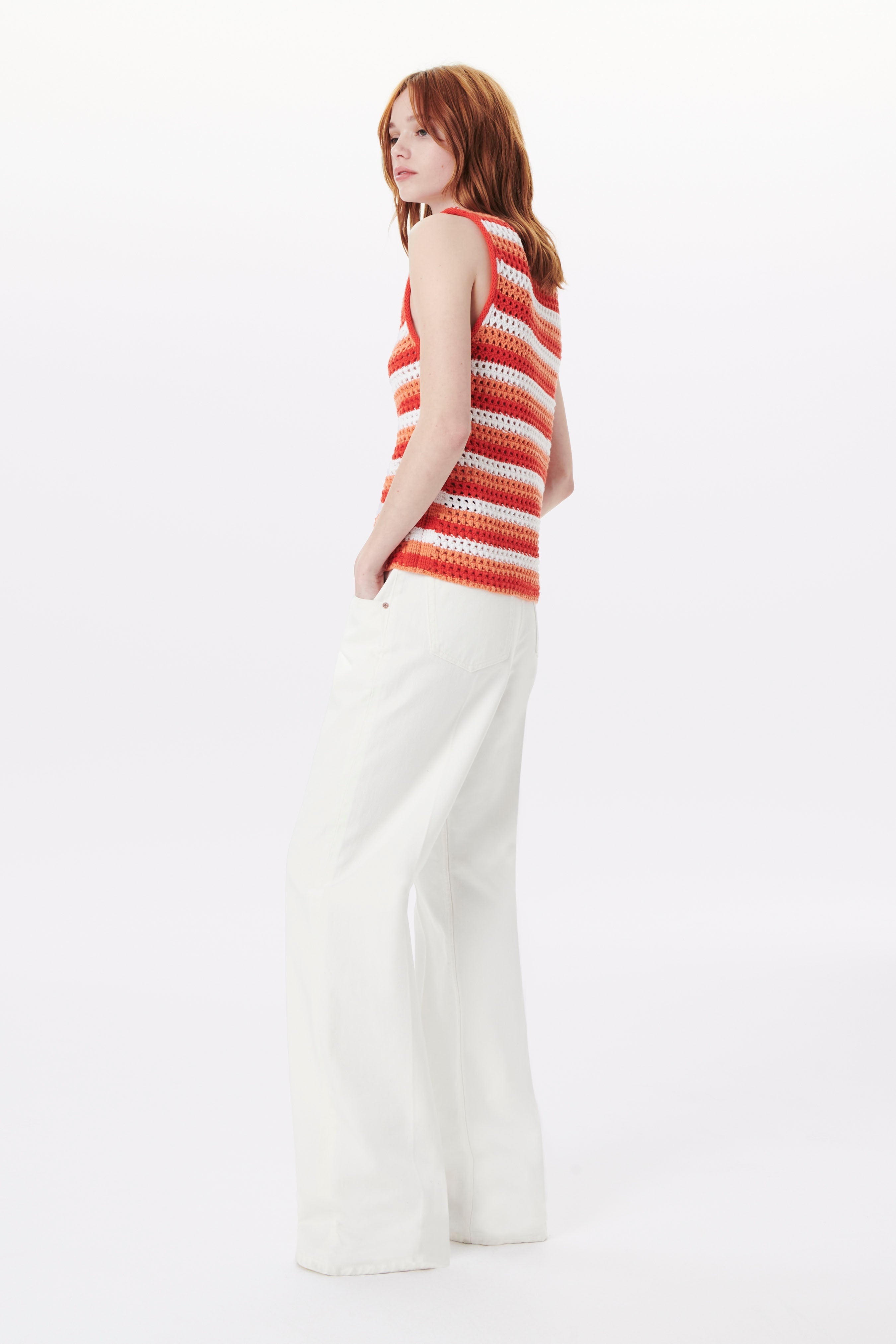 Knitted Tank Top in Red, Orange Stripe - 5