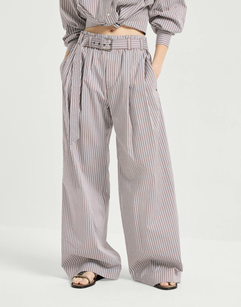 Brunello Cucinelli Striped cotton and silk poplin loose track trousers with monili outlook