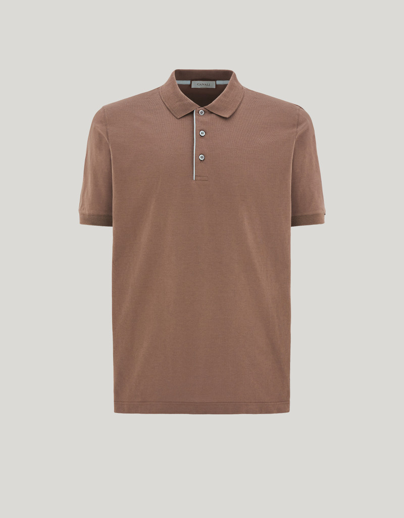TAUPE COTTON POLO SHIRT WITH CONTRASTING PIPING ON THE BUTTON PLACKET 1