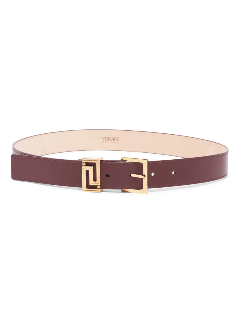 Women's Leather Greek Key Logo Belt - Dark Burgundy Gold 1
