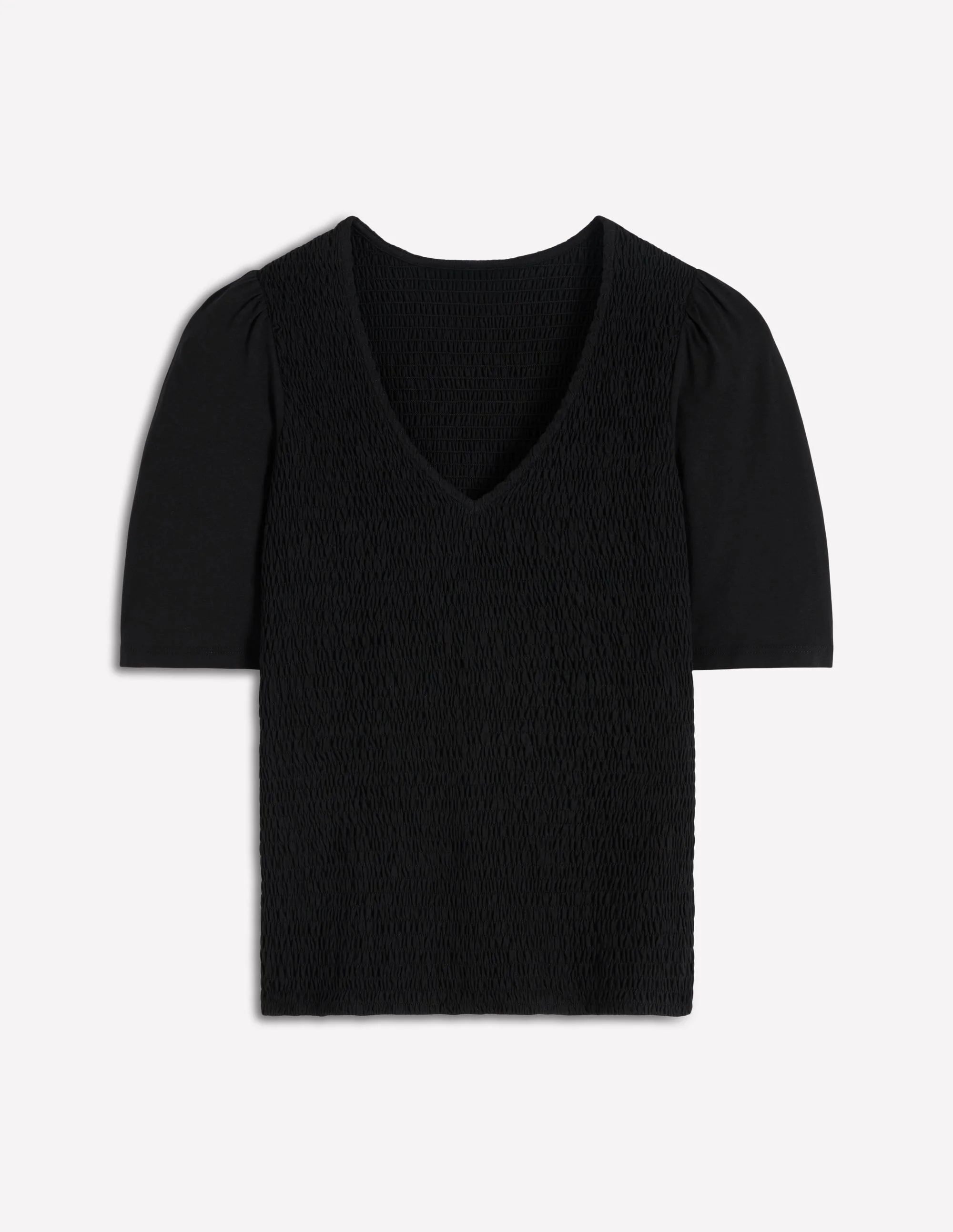 Smocked V Neck Top-Black - 1