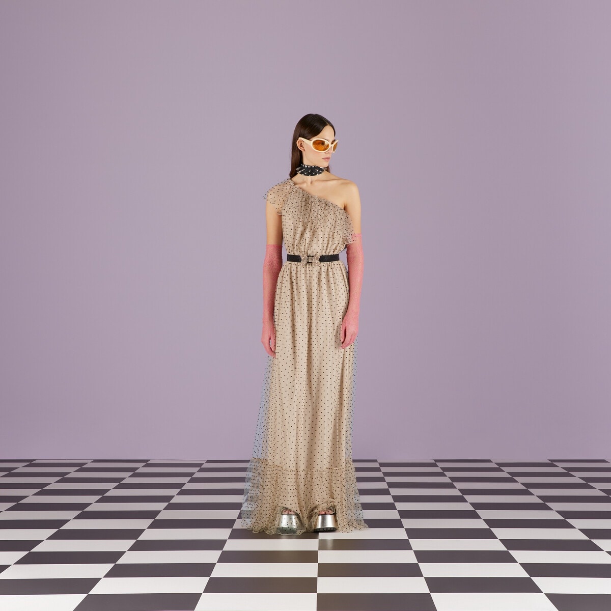 Long polka dot sleeveless tulle dress - 2