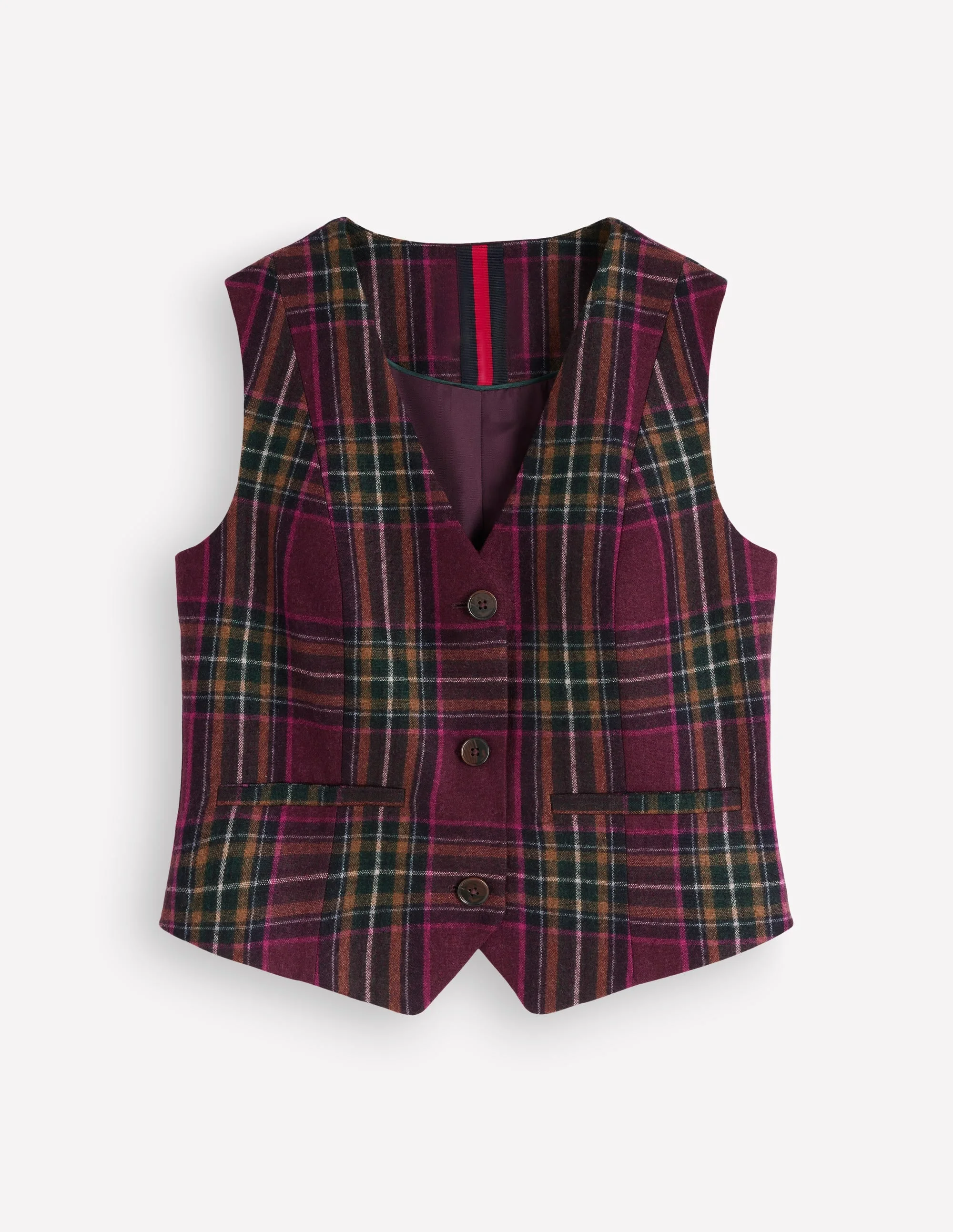 V Neck Wool Blend Waistcoat-Maroon and Olive Check - 1