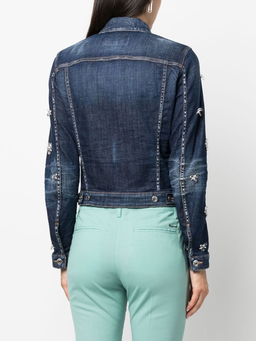 crystal-embellished cropped denim jacket - 4
