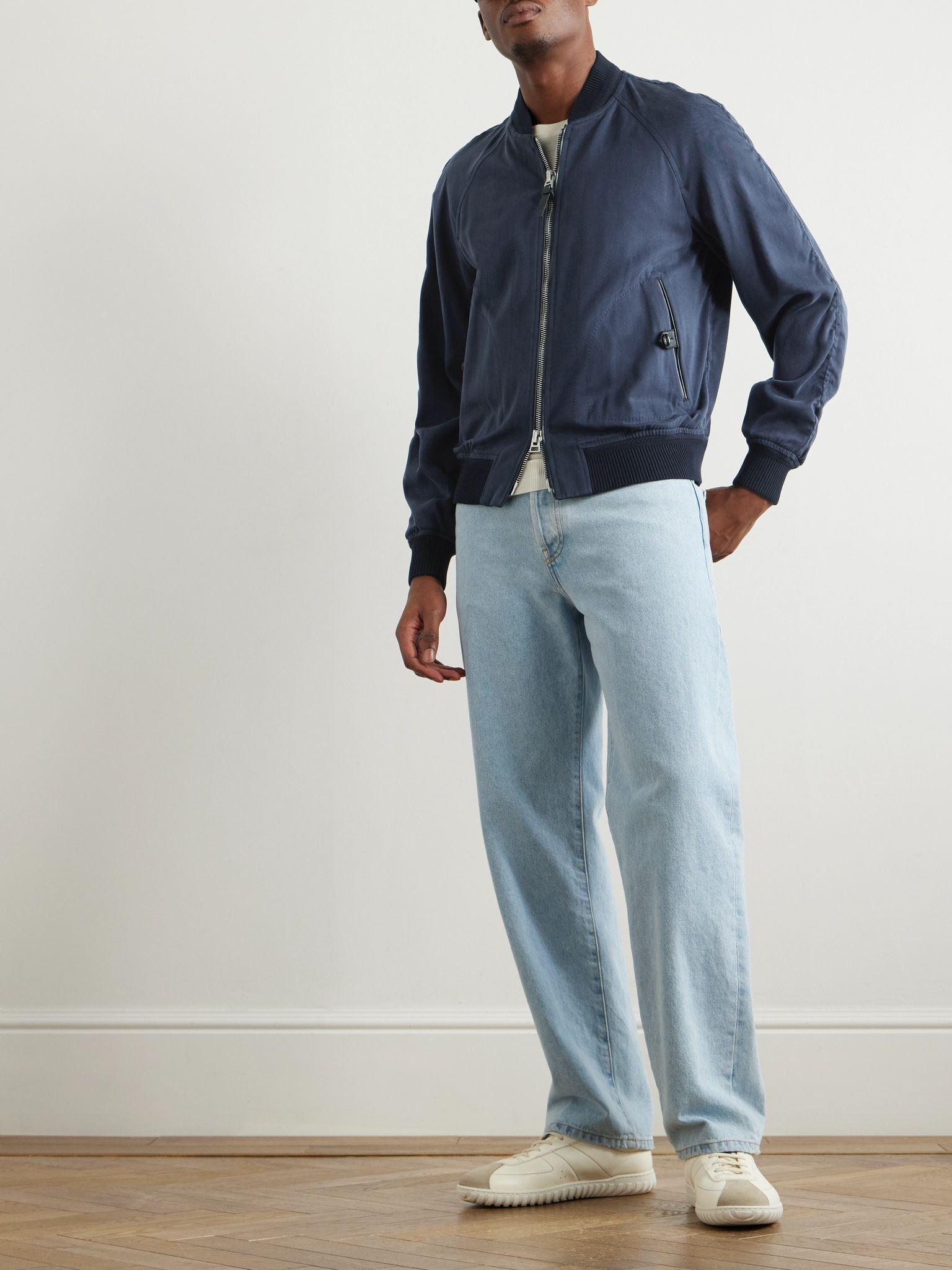 Leather-Trimmed Lyocell-Twill Bomber Jacket Blue - 2