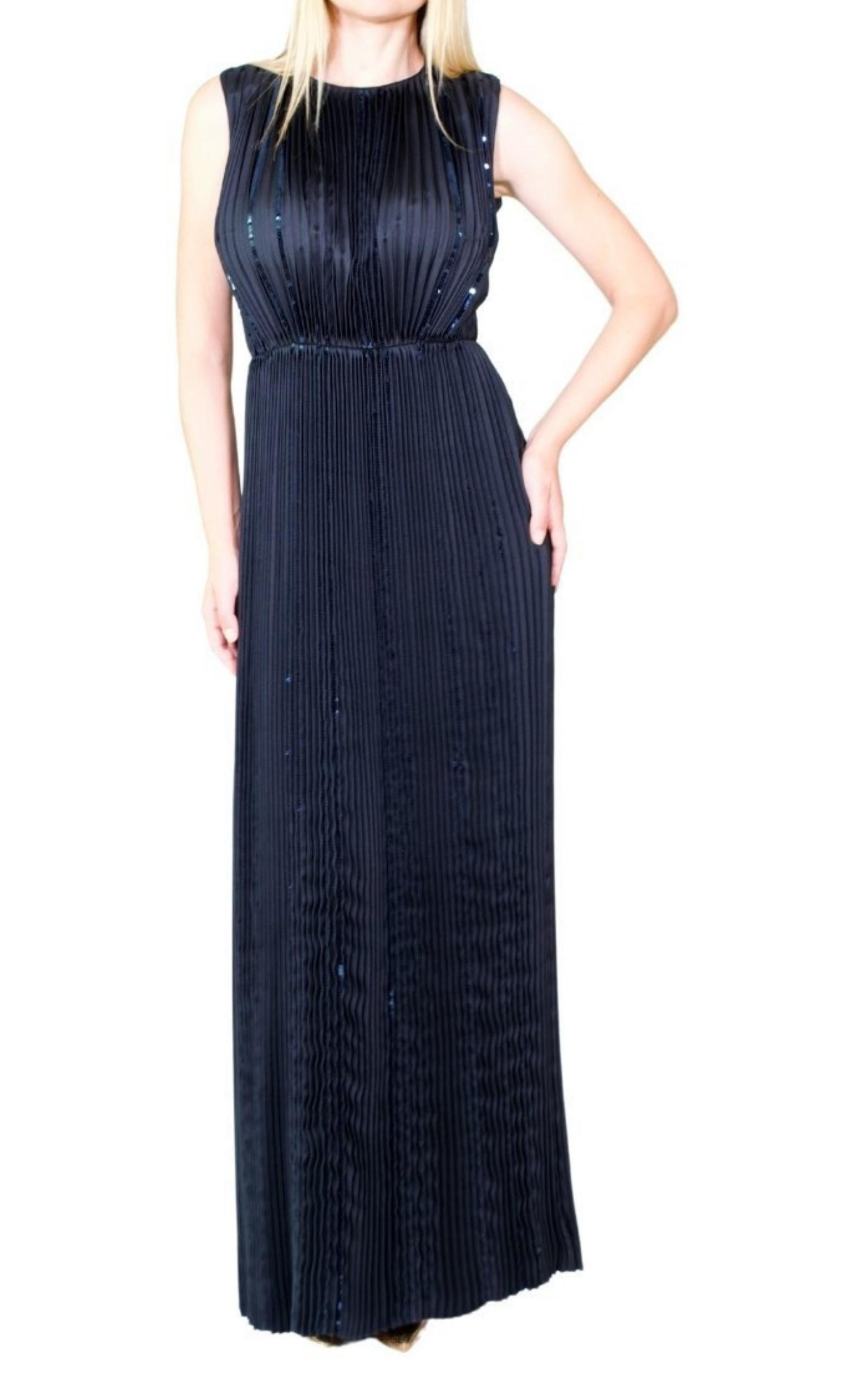 Black Pleated Sequin Embellished Maxi Silk Gown - 5