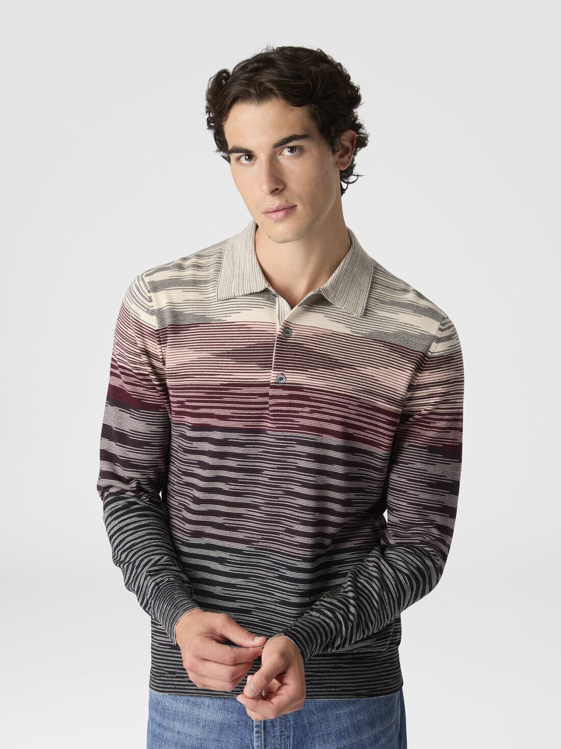 Long Sleeve Polo in Pure Wool with Flame Pattern - 4