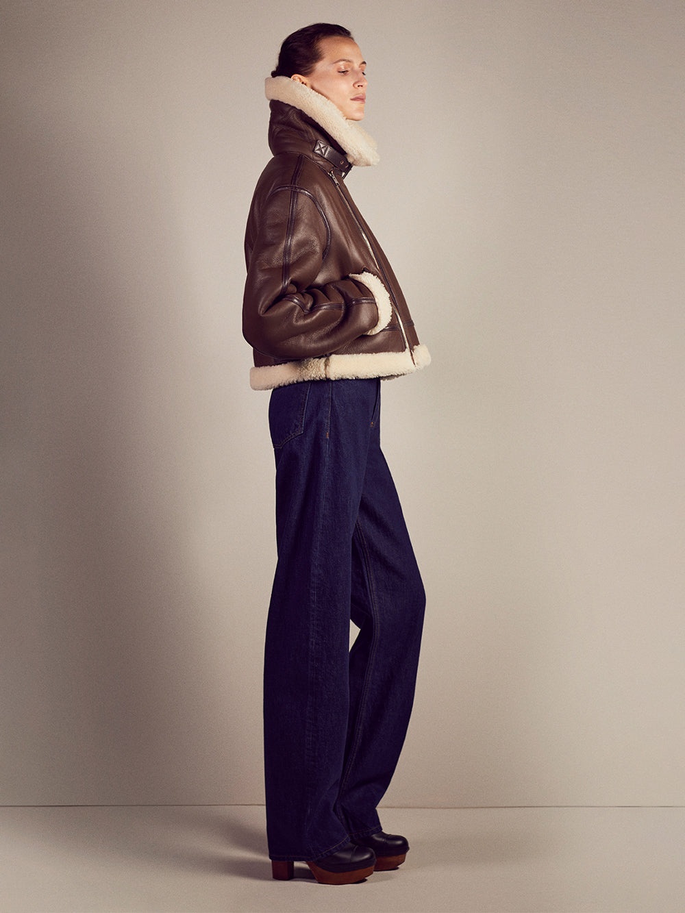 Boxy Shearling Jacket in Chocolate Brown - 3
