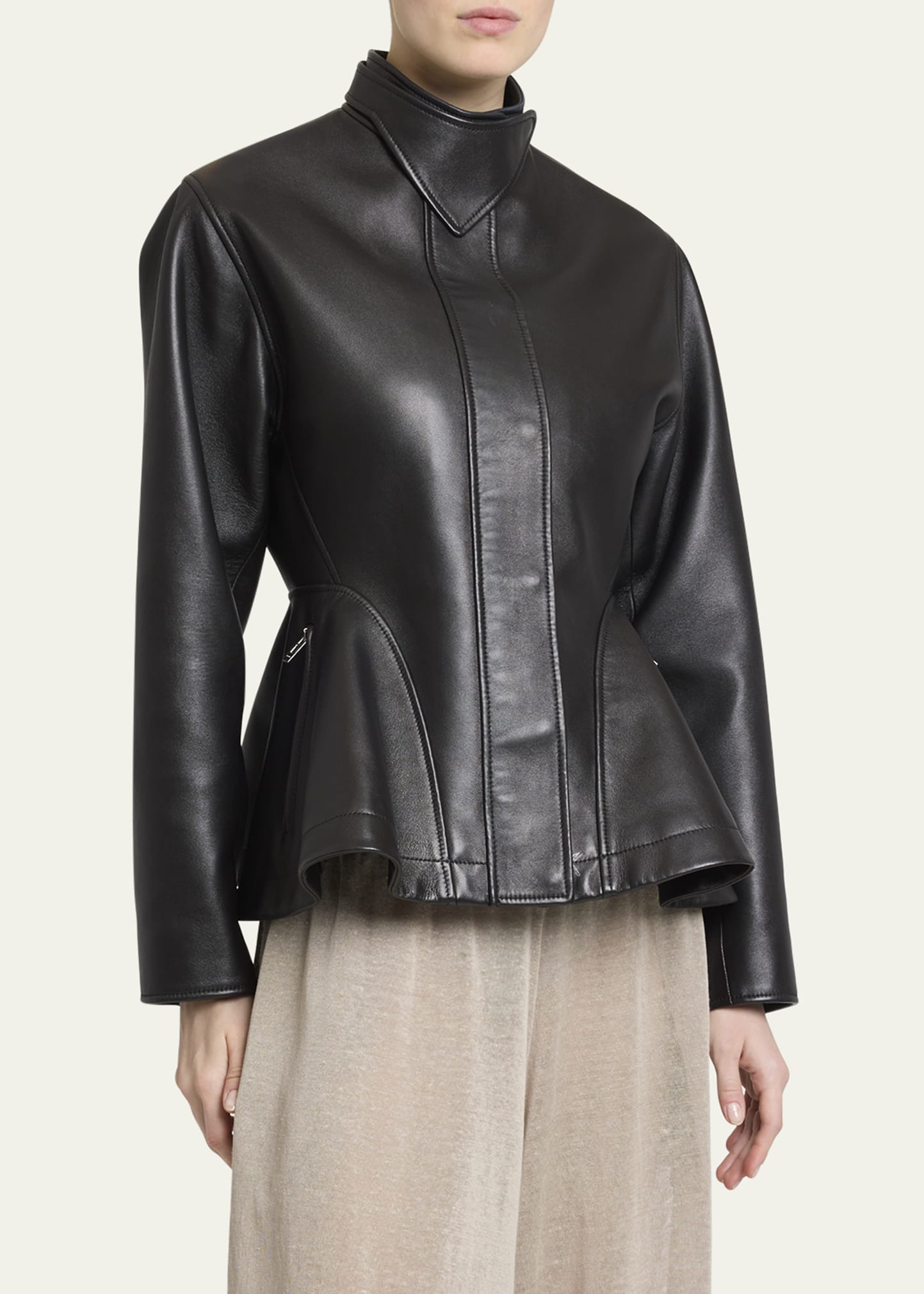 High-Neck Leather Peplum Jacket - 4