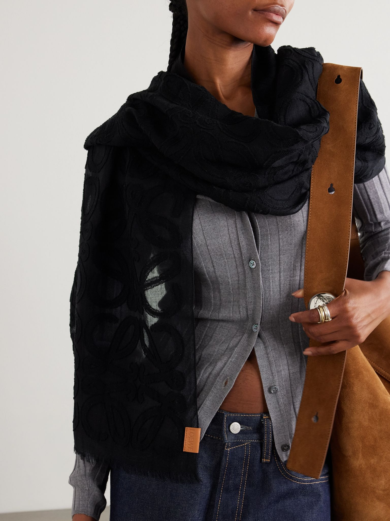 Frayed wool and silk-blend jacquard scarf Black - 2