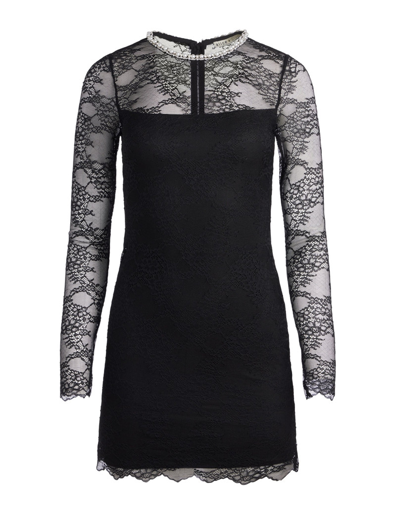 Alice + Olivia DELORA EMBELLISHED NECK LONG SLEEVE LACE MINI DRESS |  REVERSIBLE