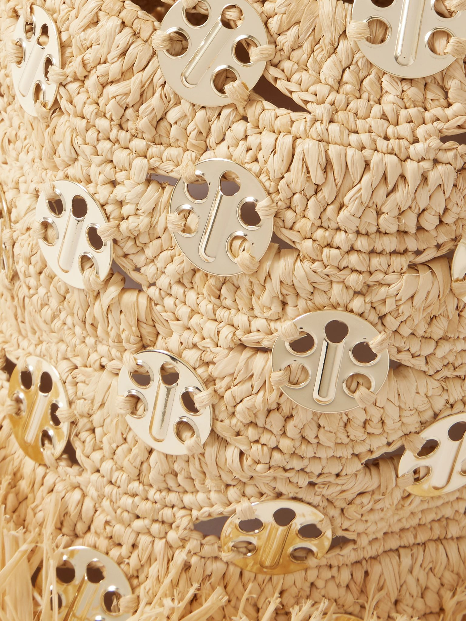 Fringed cutout chainmail-embellished raffia hat Gold - 4