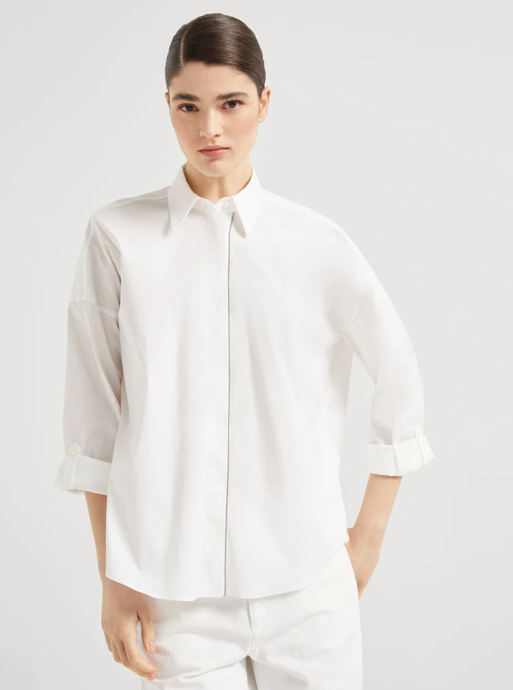 Brunello Cucinelli Women Oversized White Shirt With Monile Detail In Cotton Blend Woman - 5
