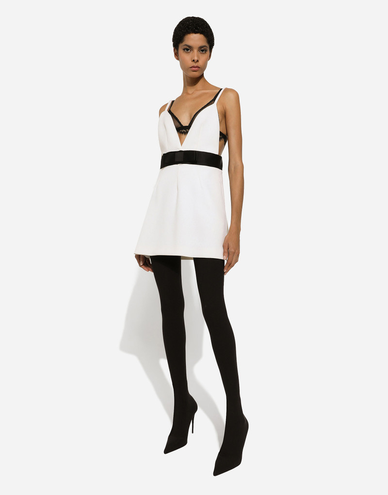 Short woolen dress with satin belt and straps 8