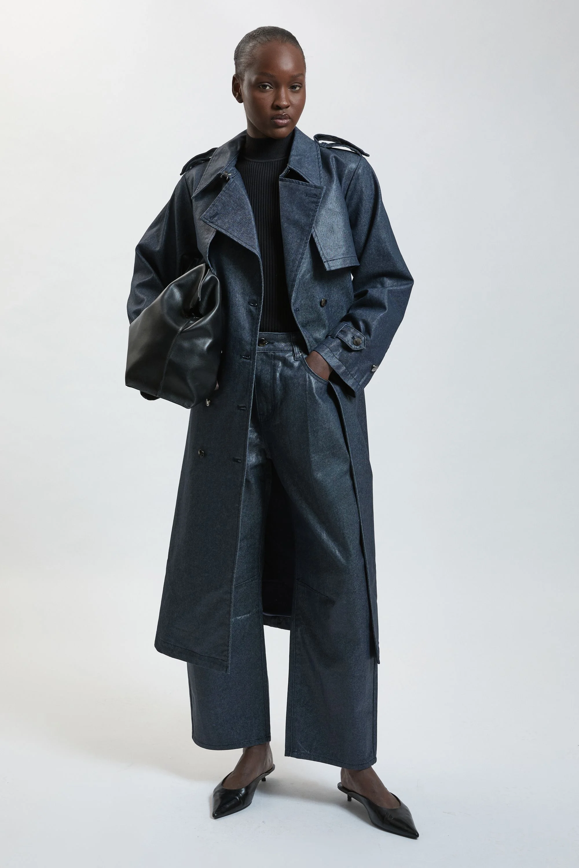 Metallic Denim Coated Trench - 1