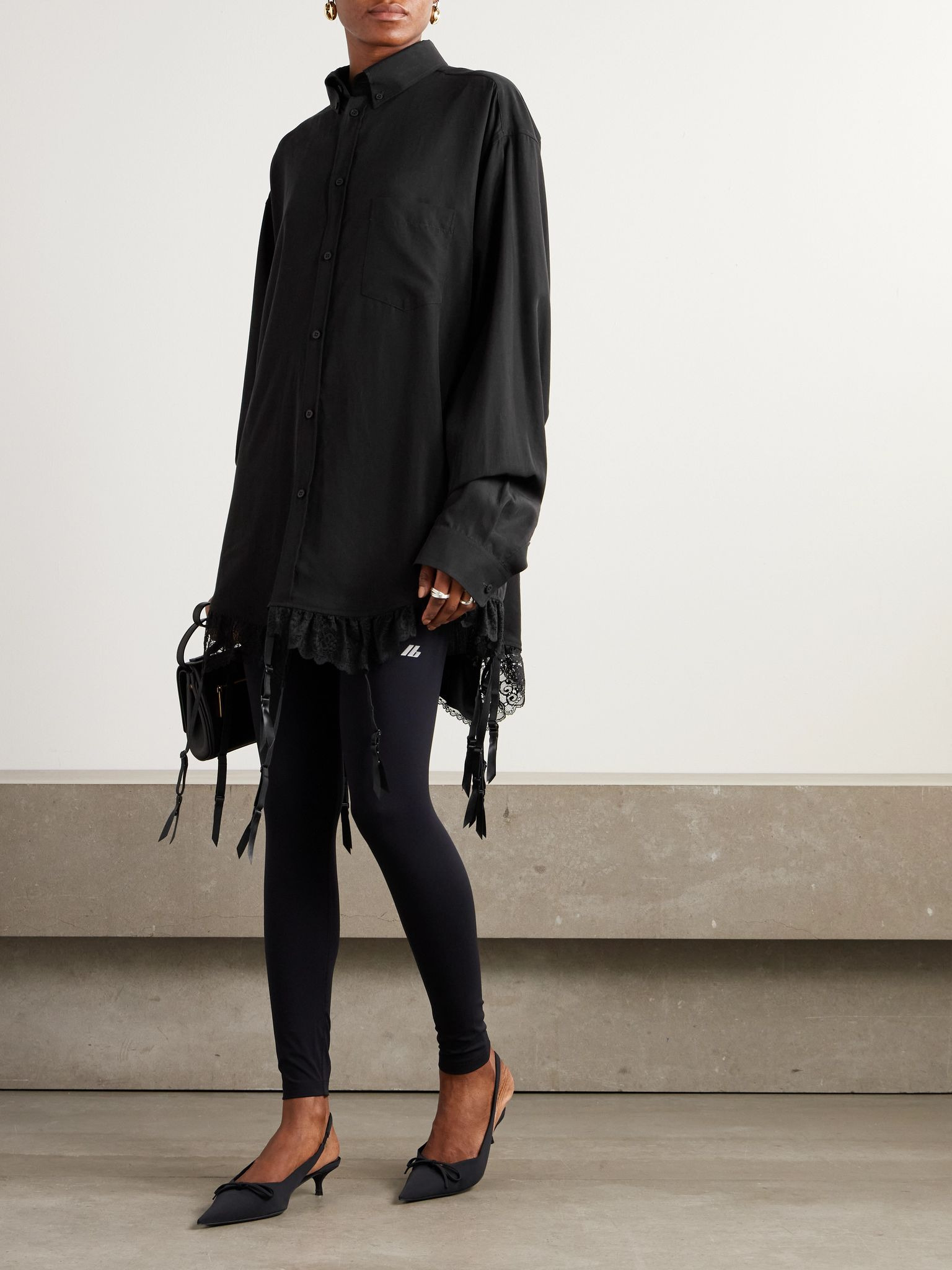 Fringed lace-trimmed Lyocell-poplin shirt Black - 2