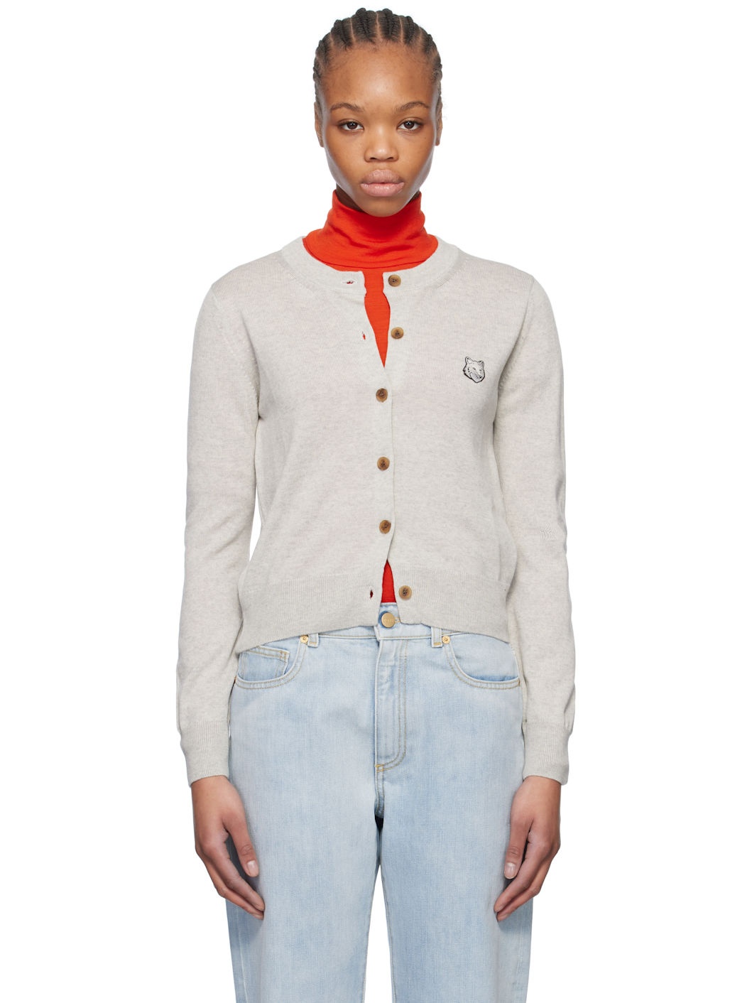 Gray Bold Fox Head Patch Regular Cardigan - 1