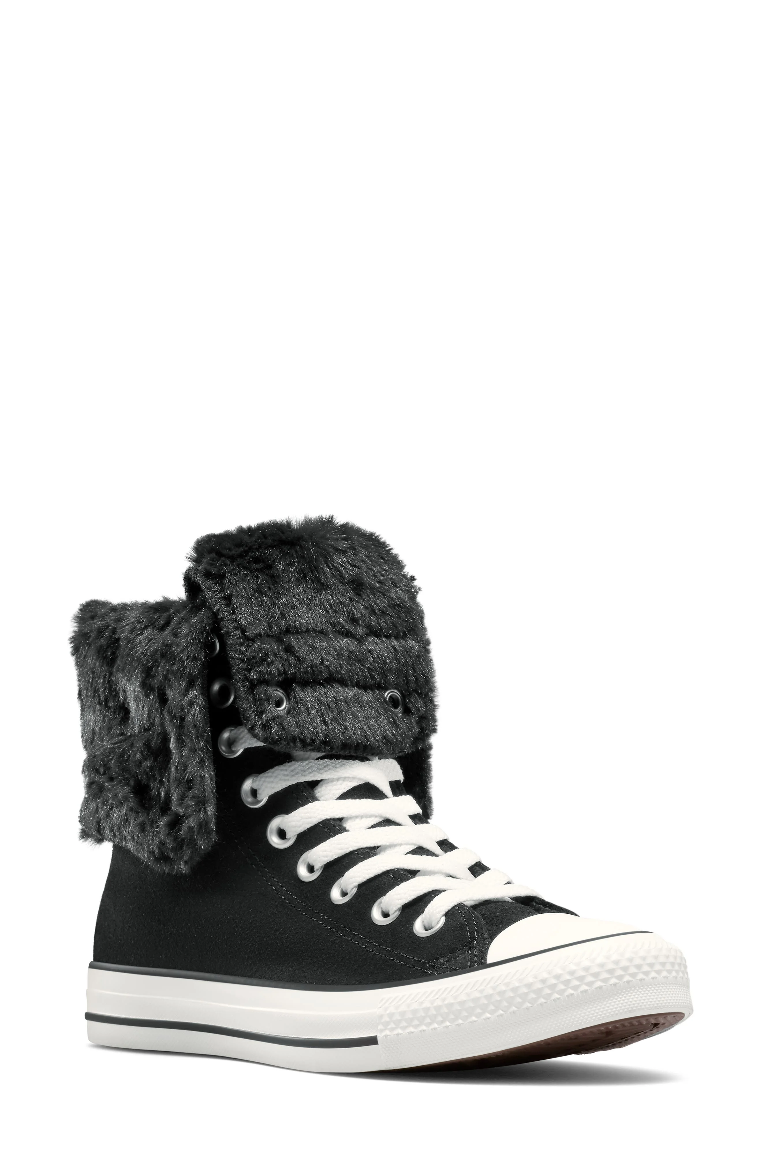 Converse Chuck Taylor All Star Faux Fur Foldover High Top Sneaker in Black/Black/Egret at Nordstrom - 1