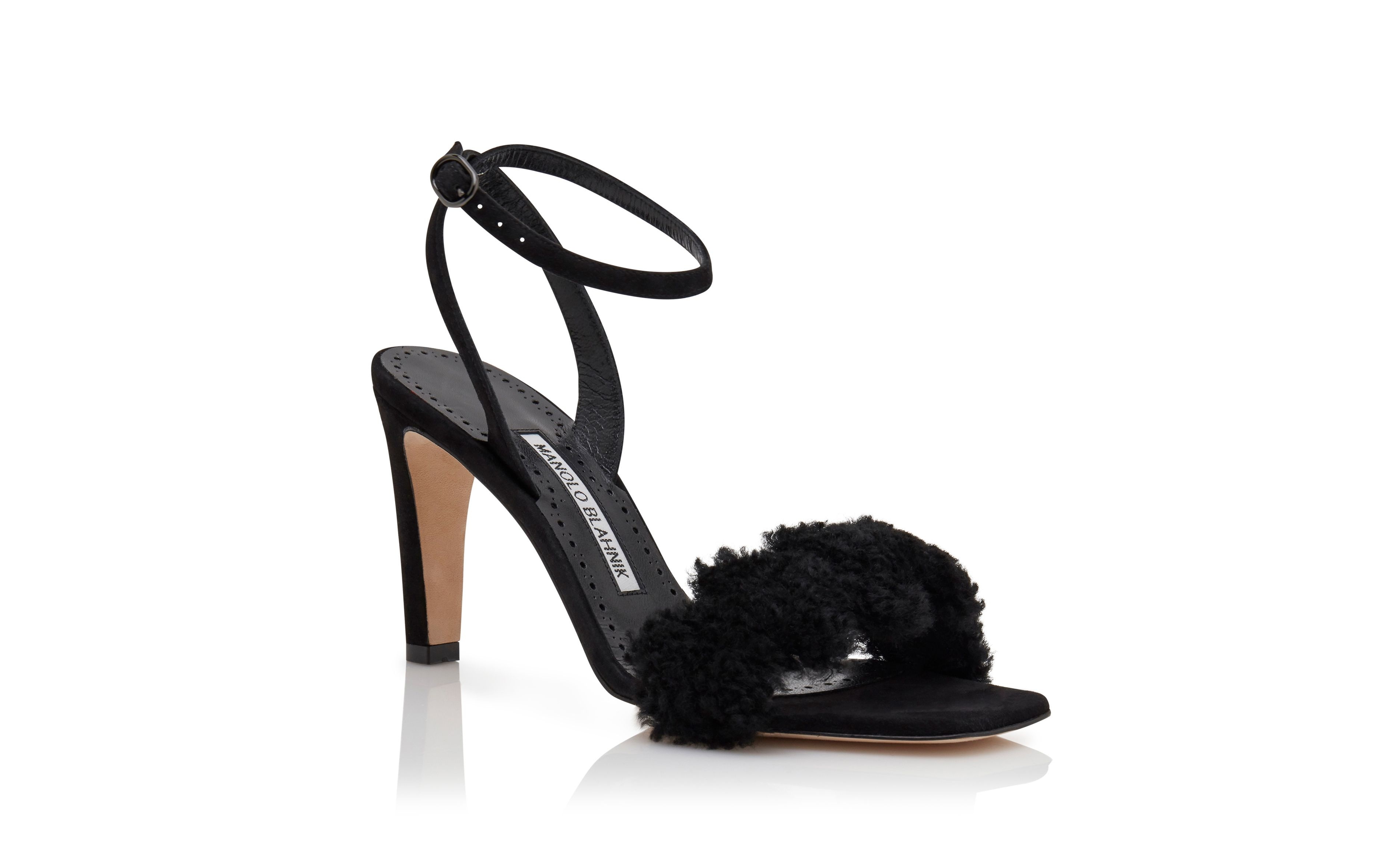 Black Suede Shearling Trim Sandals - 3