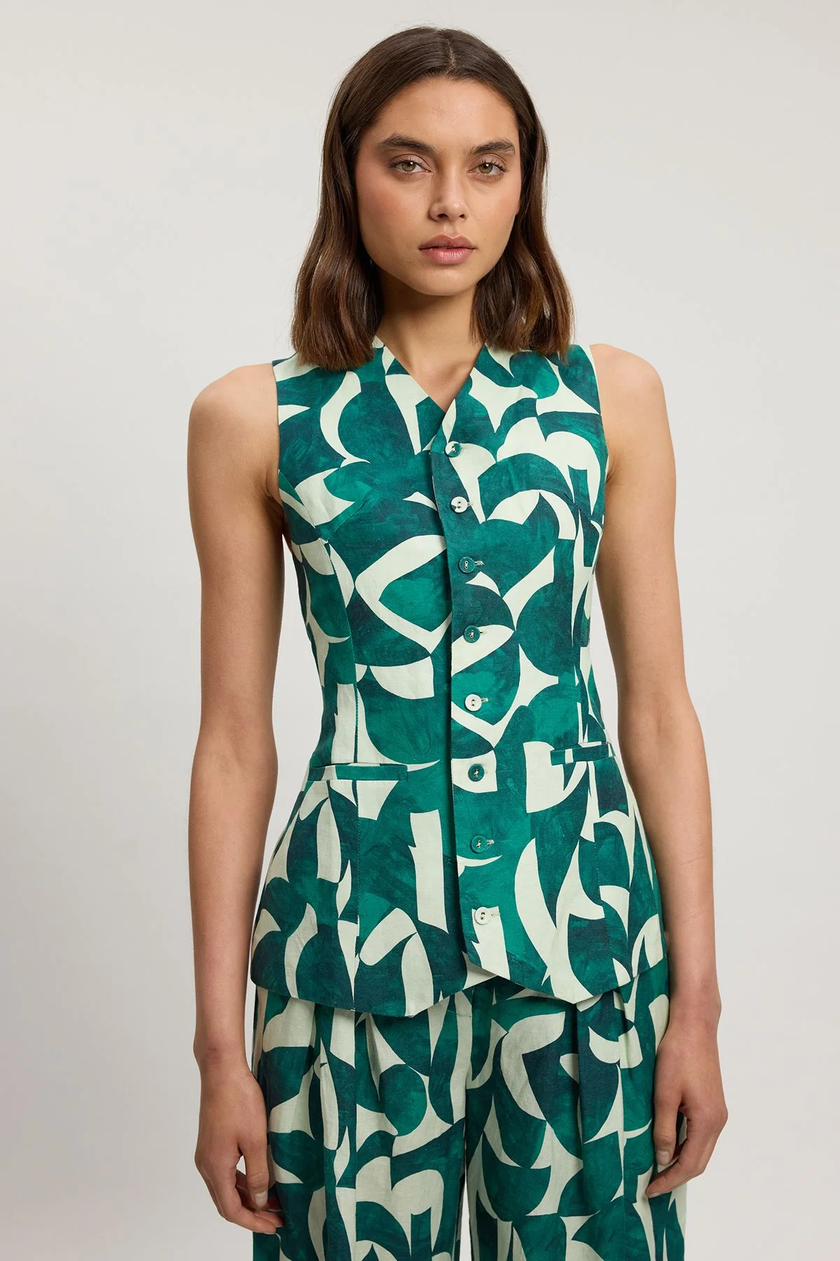 Viscose Linen Geo Print Woven Longline Waistcoat - 1