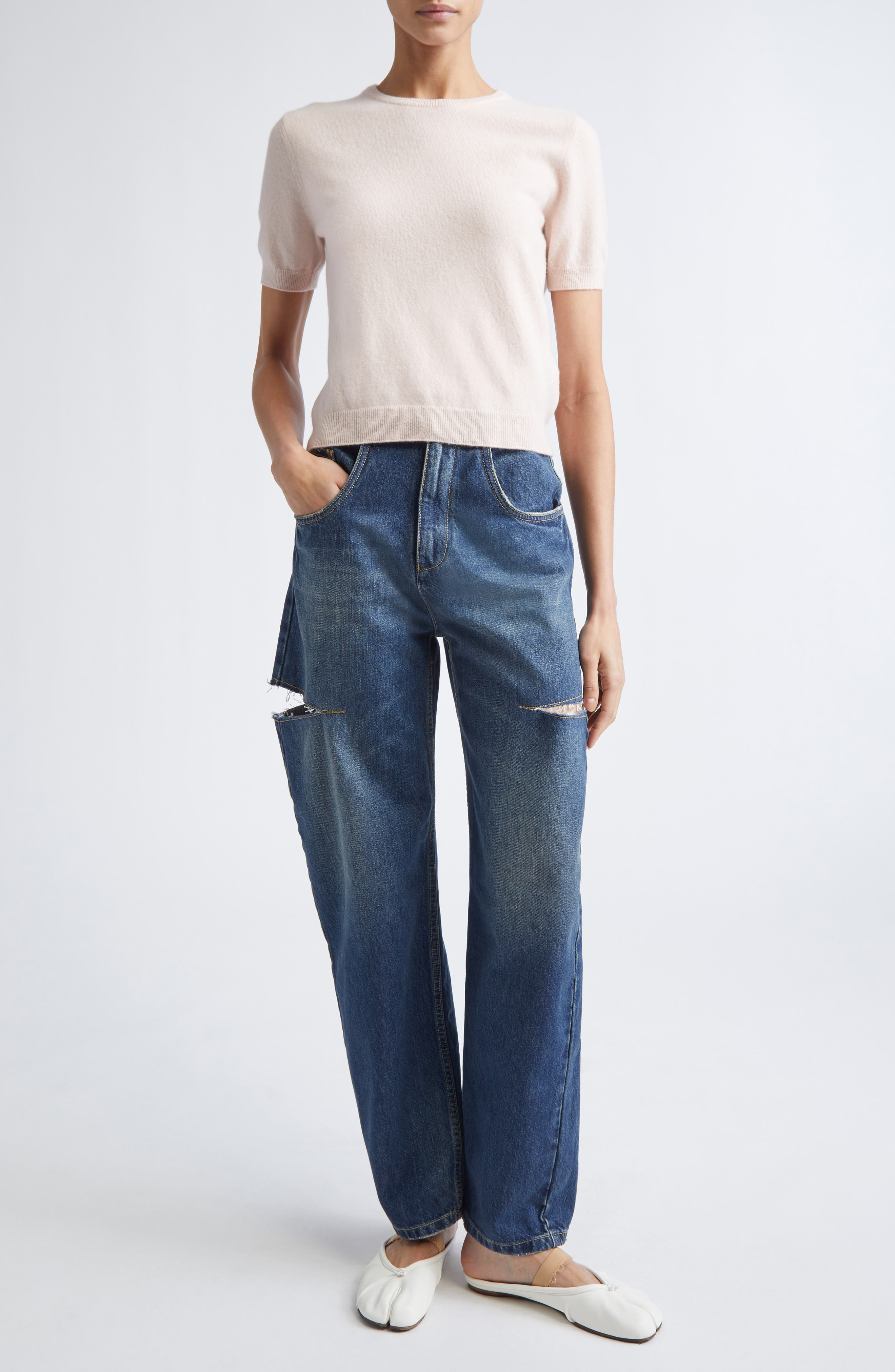 Maison Margiela Short Sleeve Virgin Wool Crewneck Sweater in Pale Pink at Nordstrom - 2