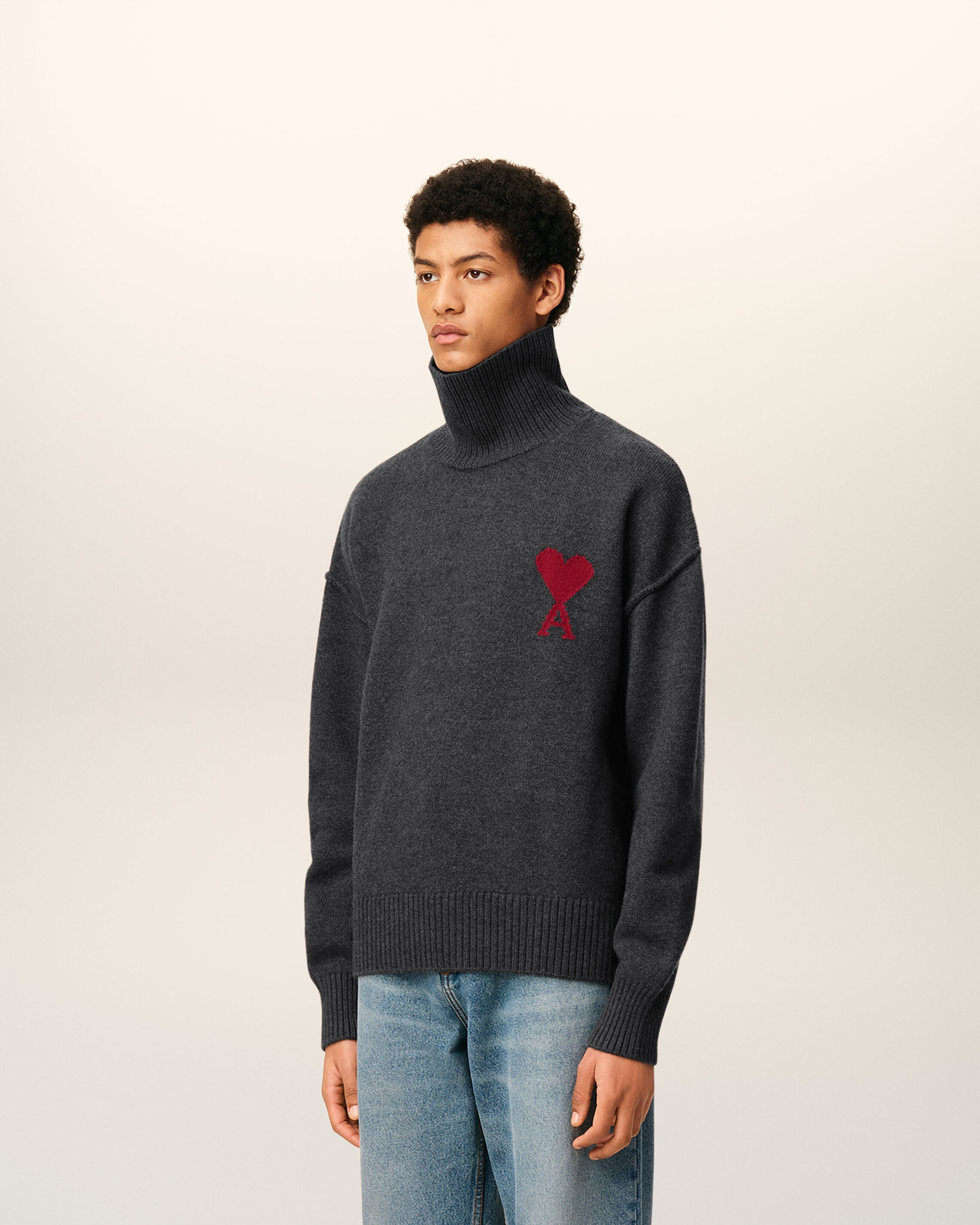 GREY WOOL AMI DE COEUR FUNNEL NECK SWEATER - 6