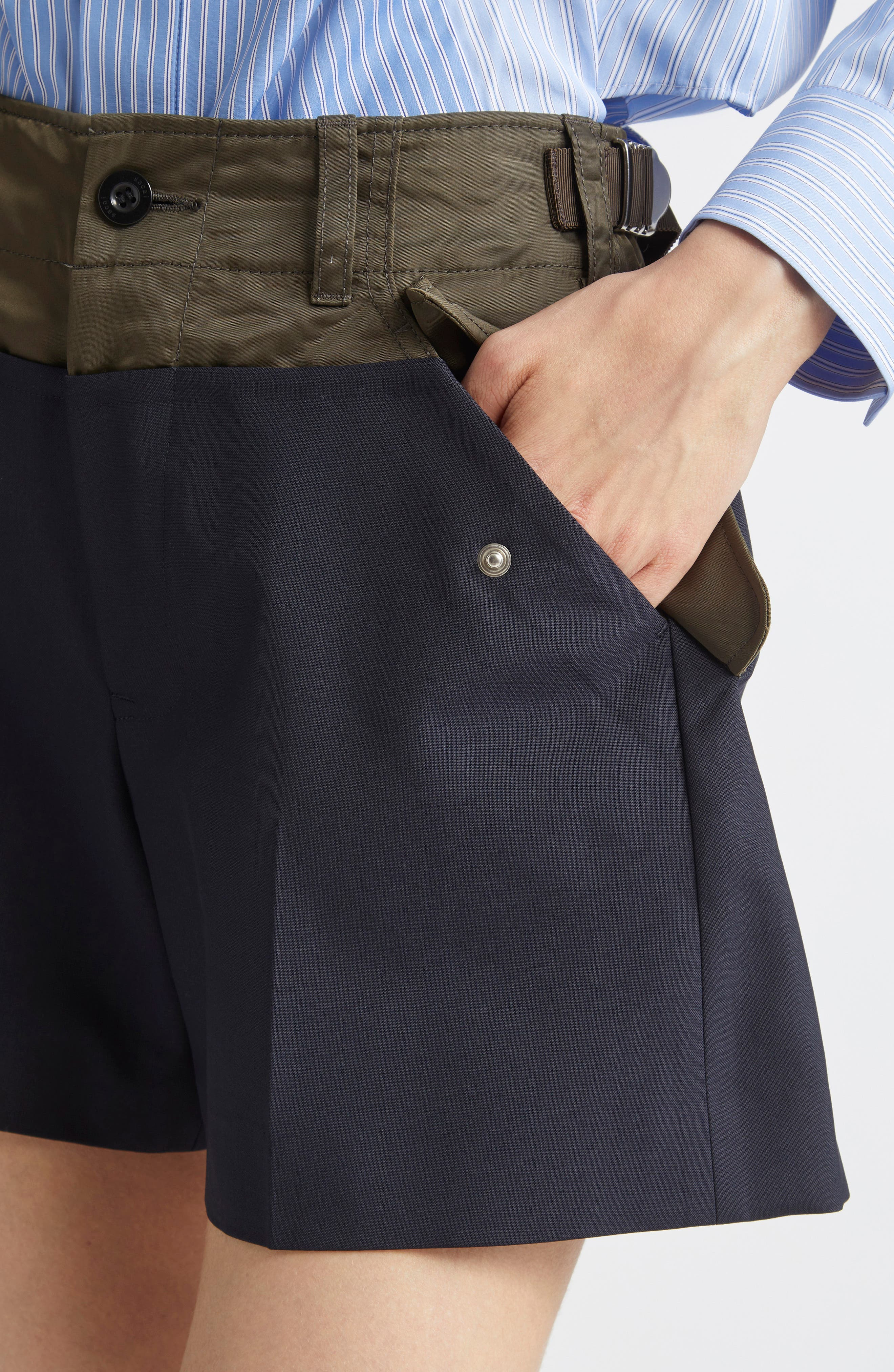 Sacai Suiting Mixed Media Shorts in Navy/Dark Khaki at Nordstrom - 5